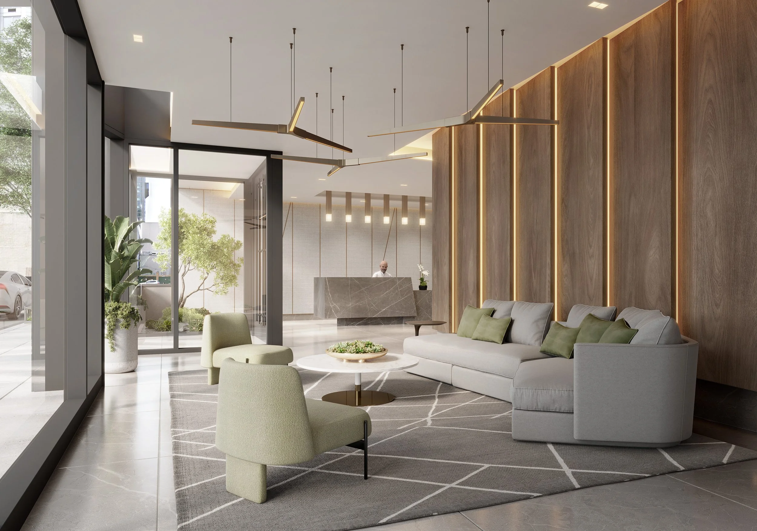 Modern hotel lobby with large glass windows, light-colored sofa and chairs, wooden paneled wall with LED lighting, marble reception desk in the background, and indoor plants