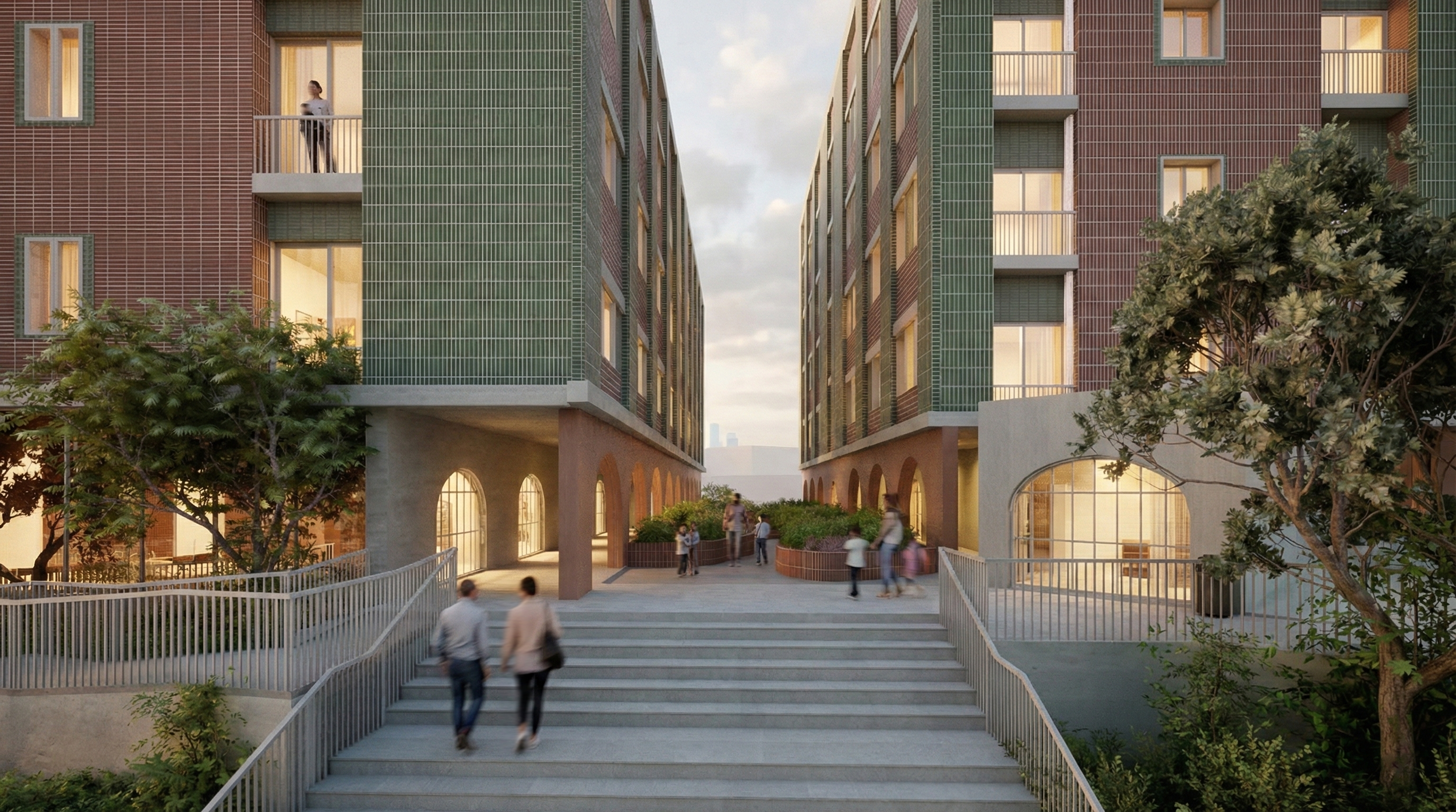 Modern residential buildings with trees, stairs, and people walking, captured during dusk with illuminated windows and a cloudy sky.
