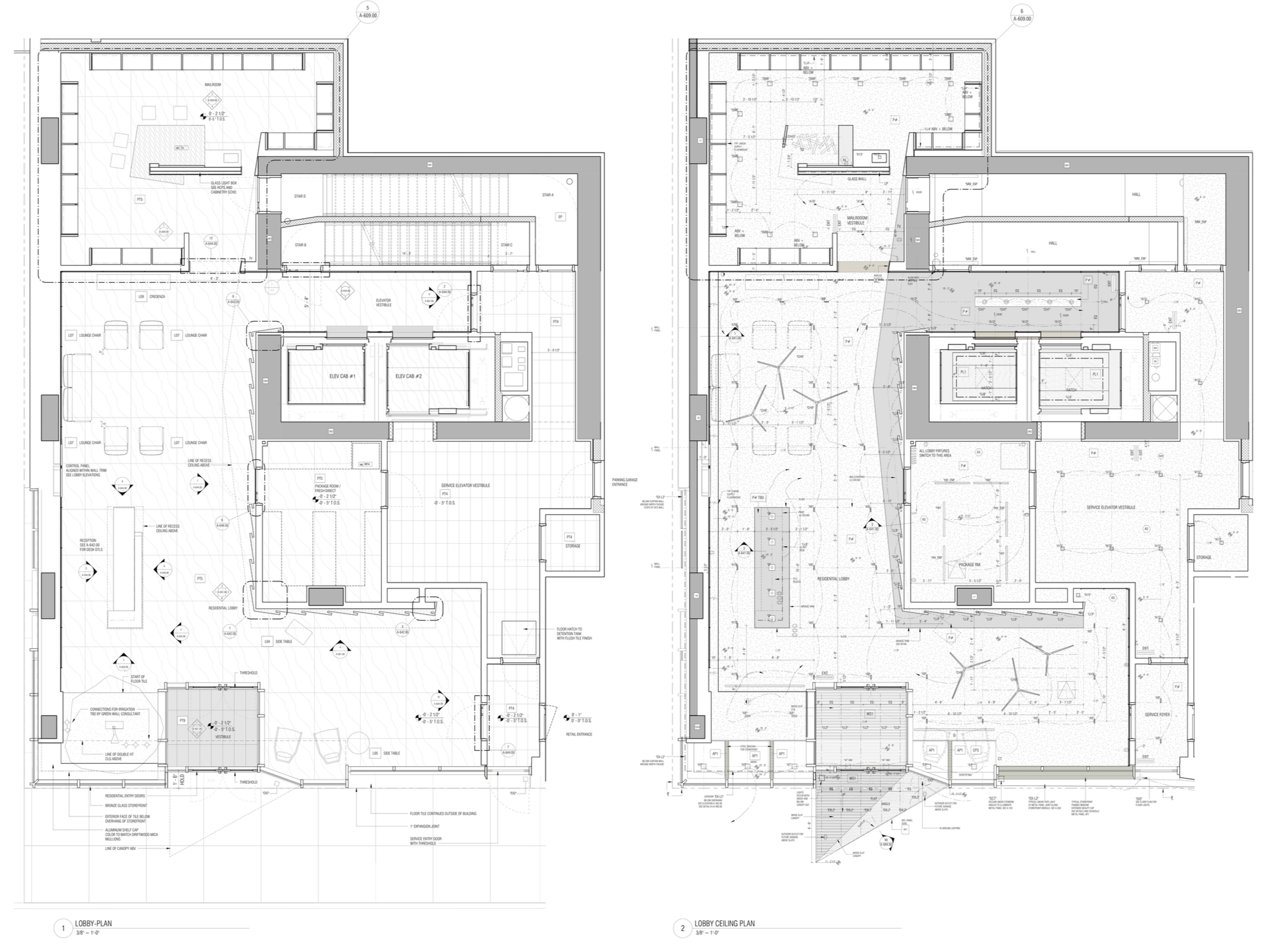 Detailed architectural floor plans for a building's lobby area, including rooms, hallways, furniture, and structural elements.