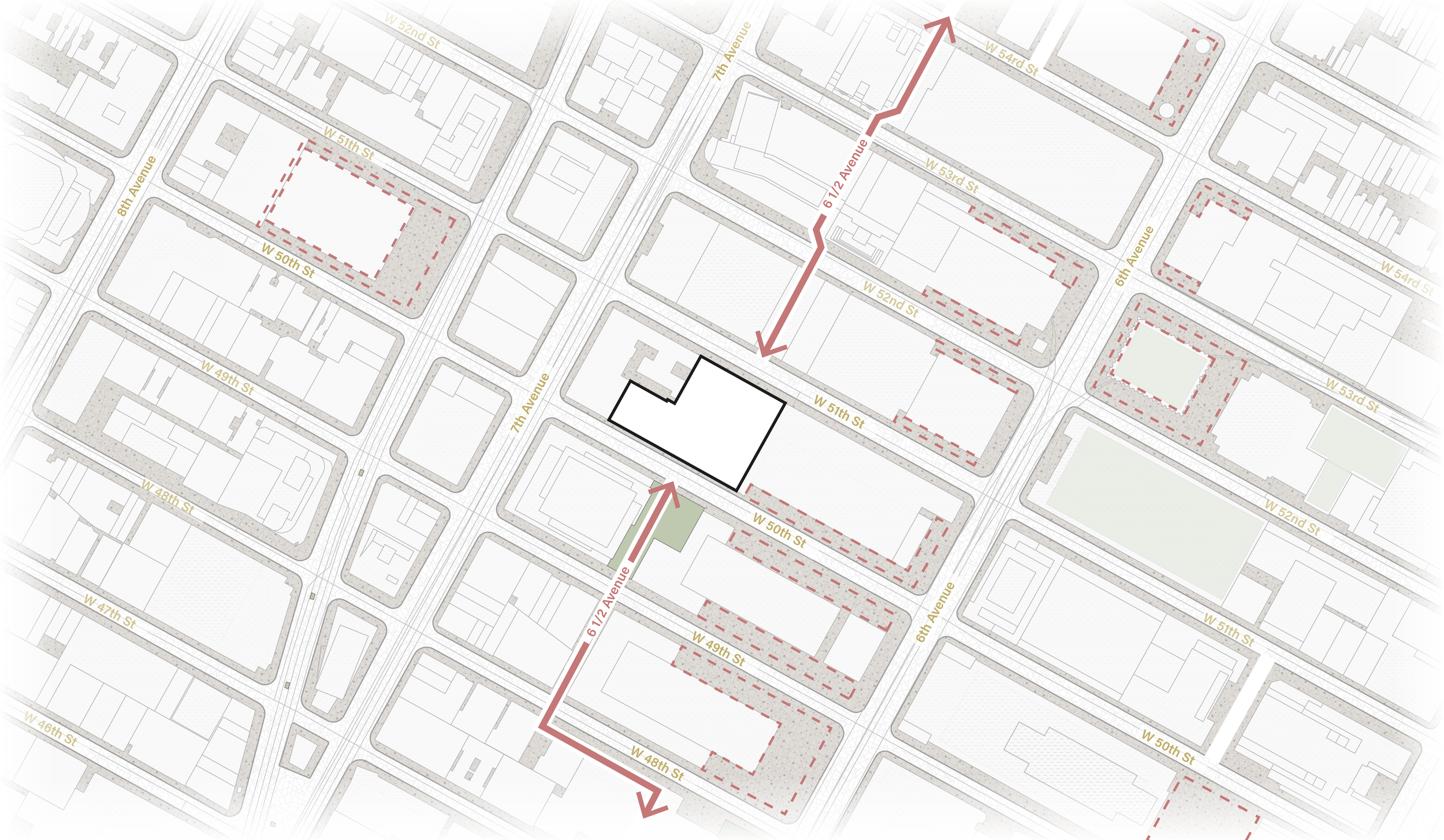 A city block map showing a walking route outlined with red arrows, passing through streets W 48th St, W 49th St, W 50th St, W 51st St, W 52nd St, and W 53rd St, with some buildings marked and a black outline highlighting a specific building along the route.