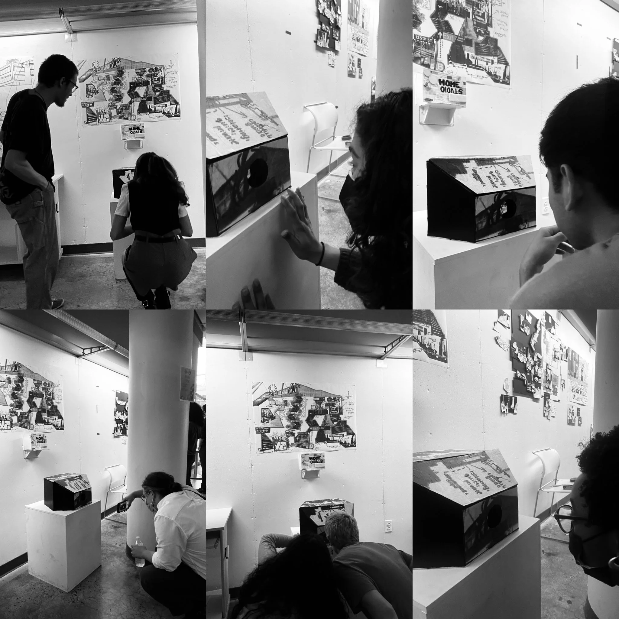 Collection of black and white photographs taken in an art gallery showing people viewing and interacting with a mixed media art installation on the wall and a black box with written text on top of a pedestal.