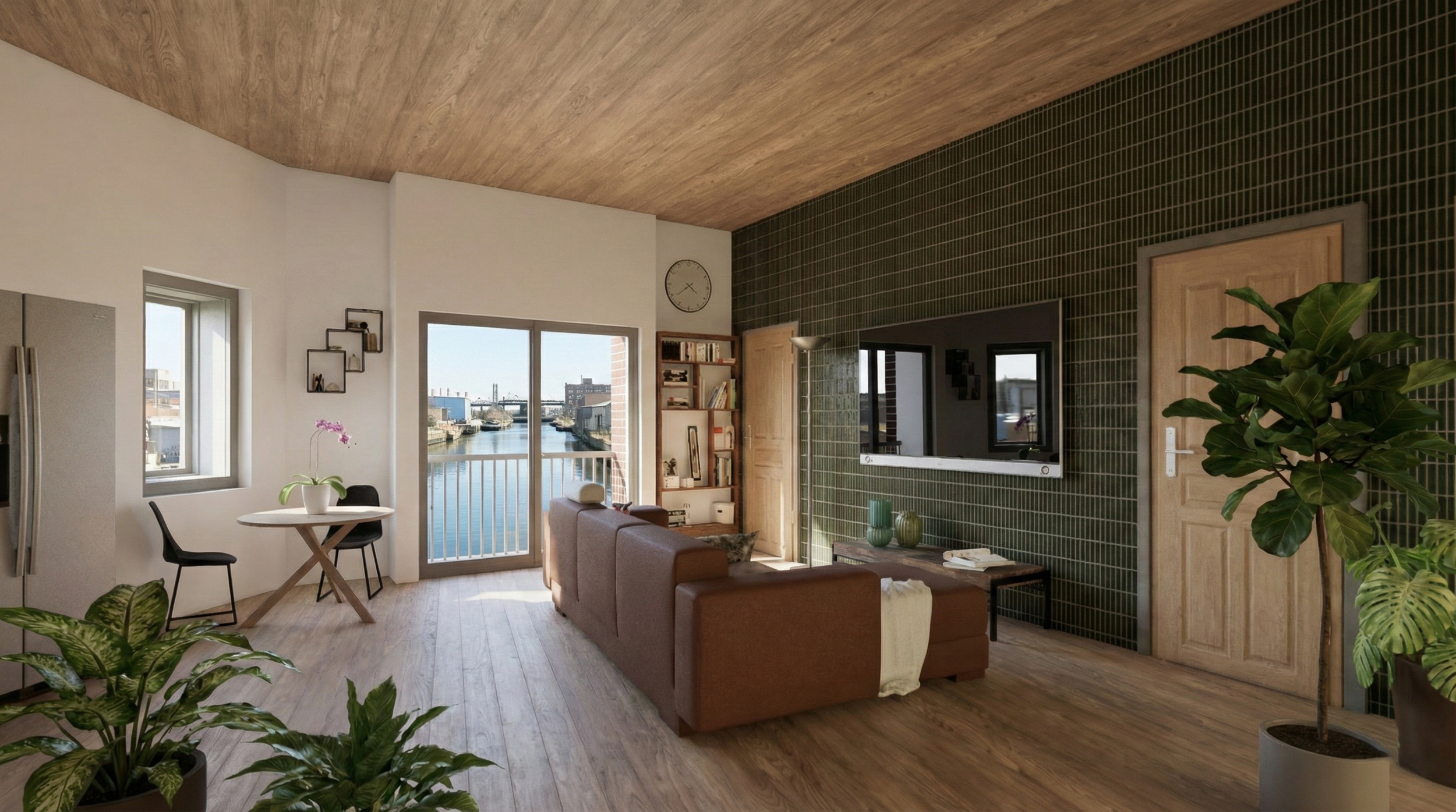 Living room with a sliding door leading to a balcony overlooking a waterway, a brown sofa, a wall-mounted TV, and various plants.