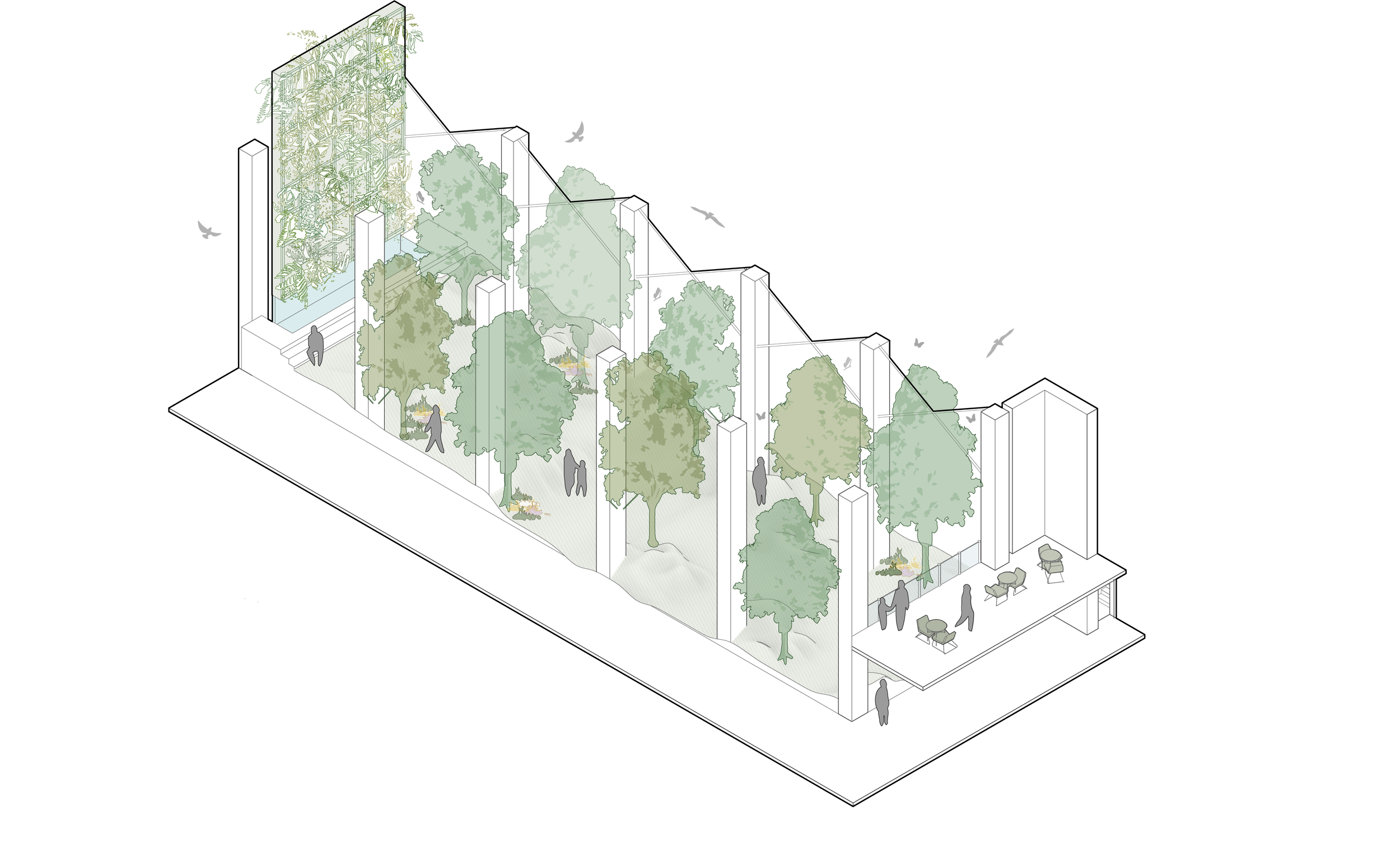 A digital illustration of an indoor green space with trees, benches, and people, separated by glass walls, with seating areas outside the space.