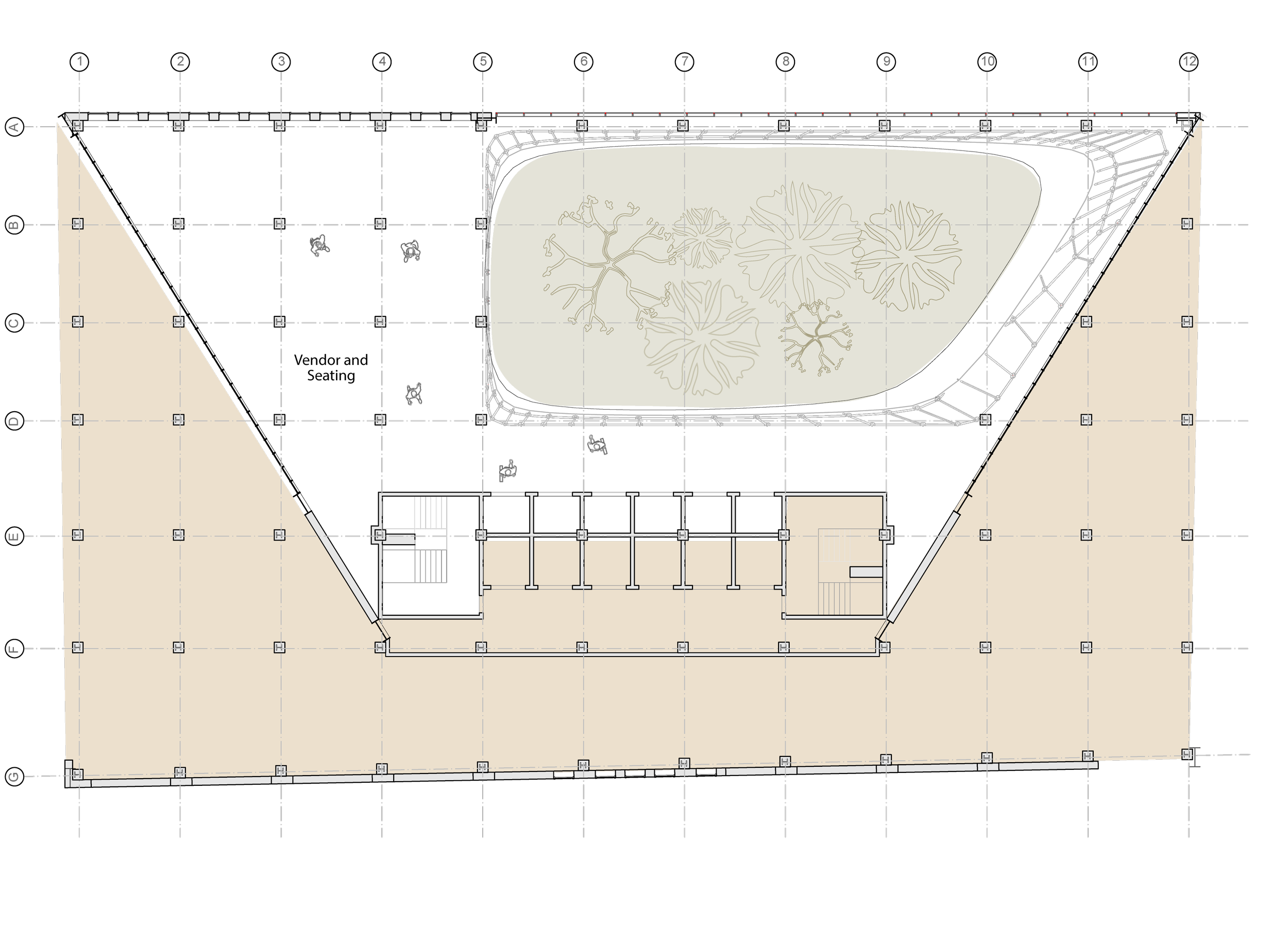 Architectural blueprint of a building roof plan with a green central landscaped area, black surrounding surface, and designated staircases, pathways, and parking spaces.