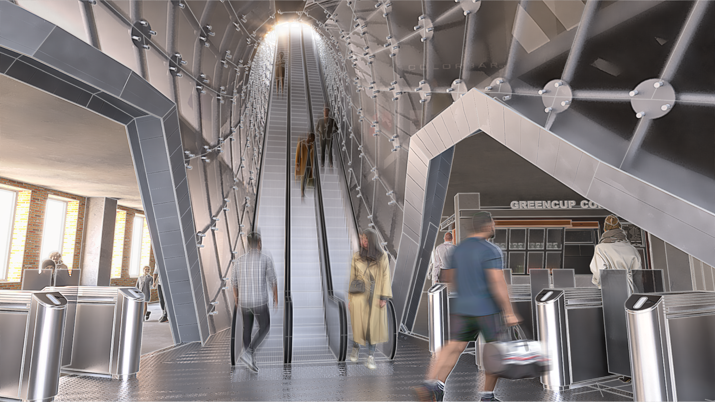 A modern, futuristic airport interior with an escalator and various travelers. There are large windows letting in natural light and a counter labeled 'GREENCUP' off to the side.