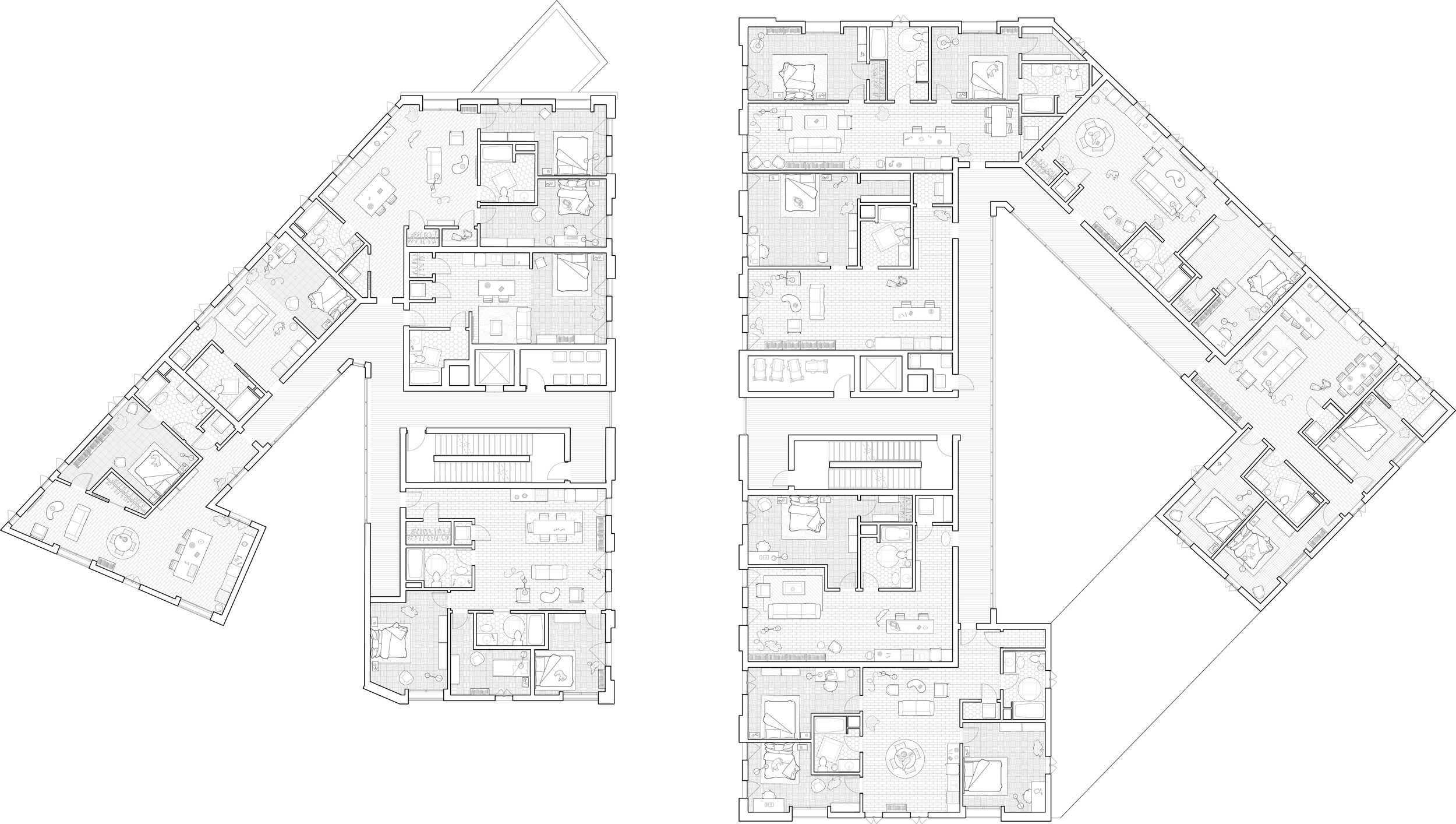 Floor plan of an apartment complex with multiple units, including bedrooms, living rooms, kitchens, bathrooms, and various furniture and fixtures.