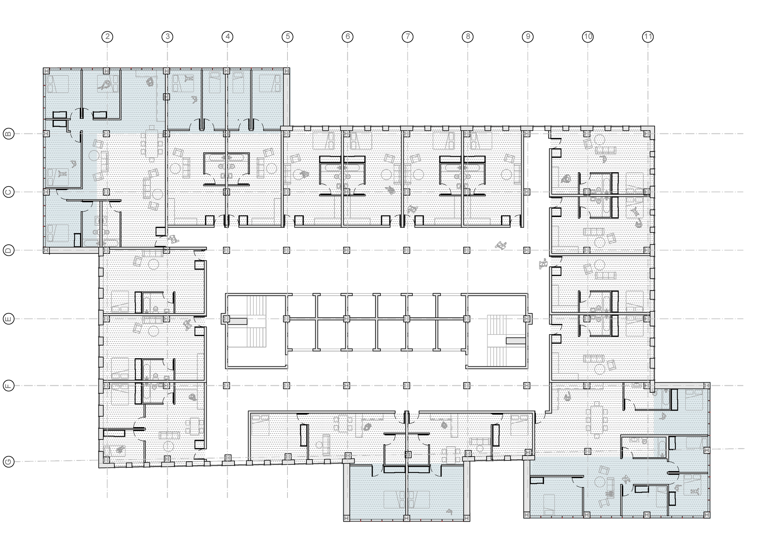 Architectural floor plan of a building with multiple rooms, corridors, staircases, and annotations.