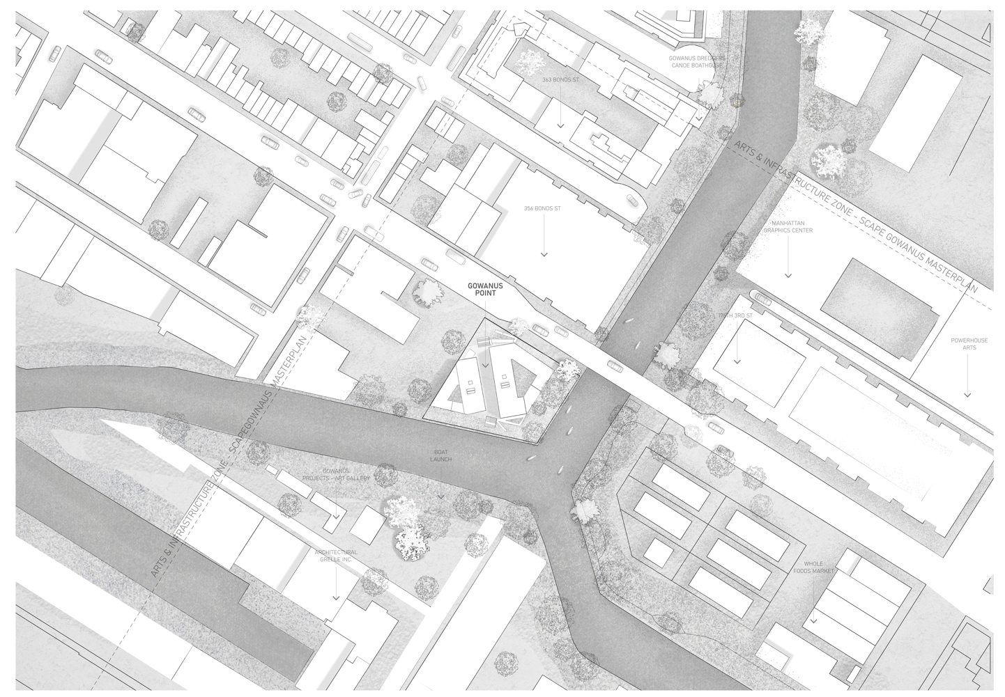 A grayscale architectural site plan showing streets, buildings, trees, and water, with labels indicating locations such as Gowanus Point, Boat Launch, and various urban planning zones.