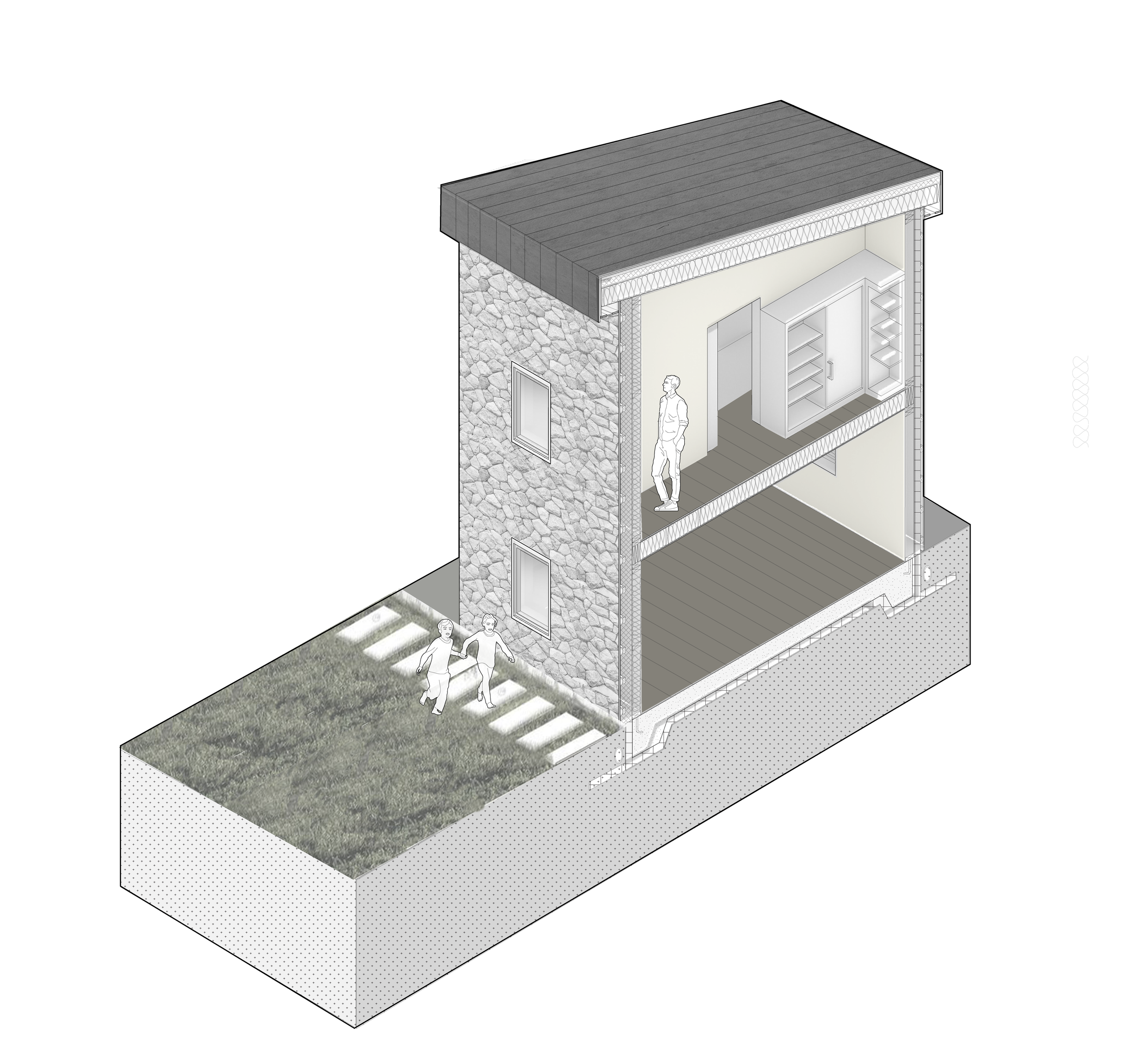 Cross-section of a two-story house showing interior with shelving, two windows, and a person standing on the upper floor; exterior with stone wall and a lawn with two children playing near a walking path.
