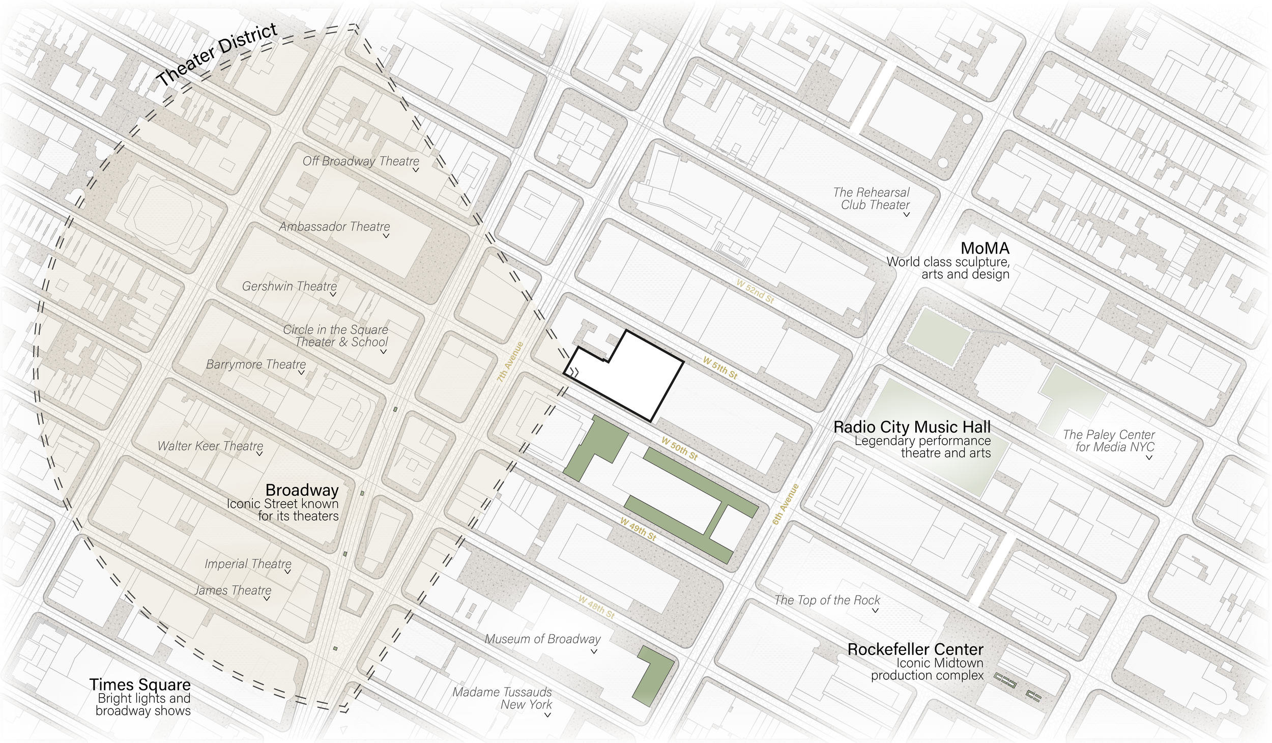 A city map highlighting theaters, cultural landmarks, and streets in New York City with labels for Broadway, Times Square, MoMA, Rockefeller Center, and surrounding areas.