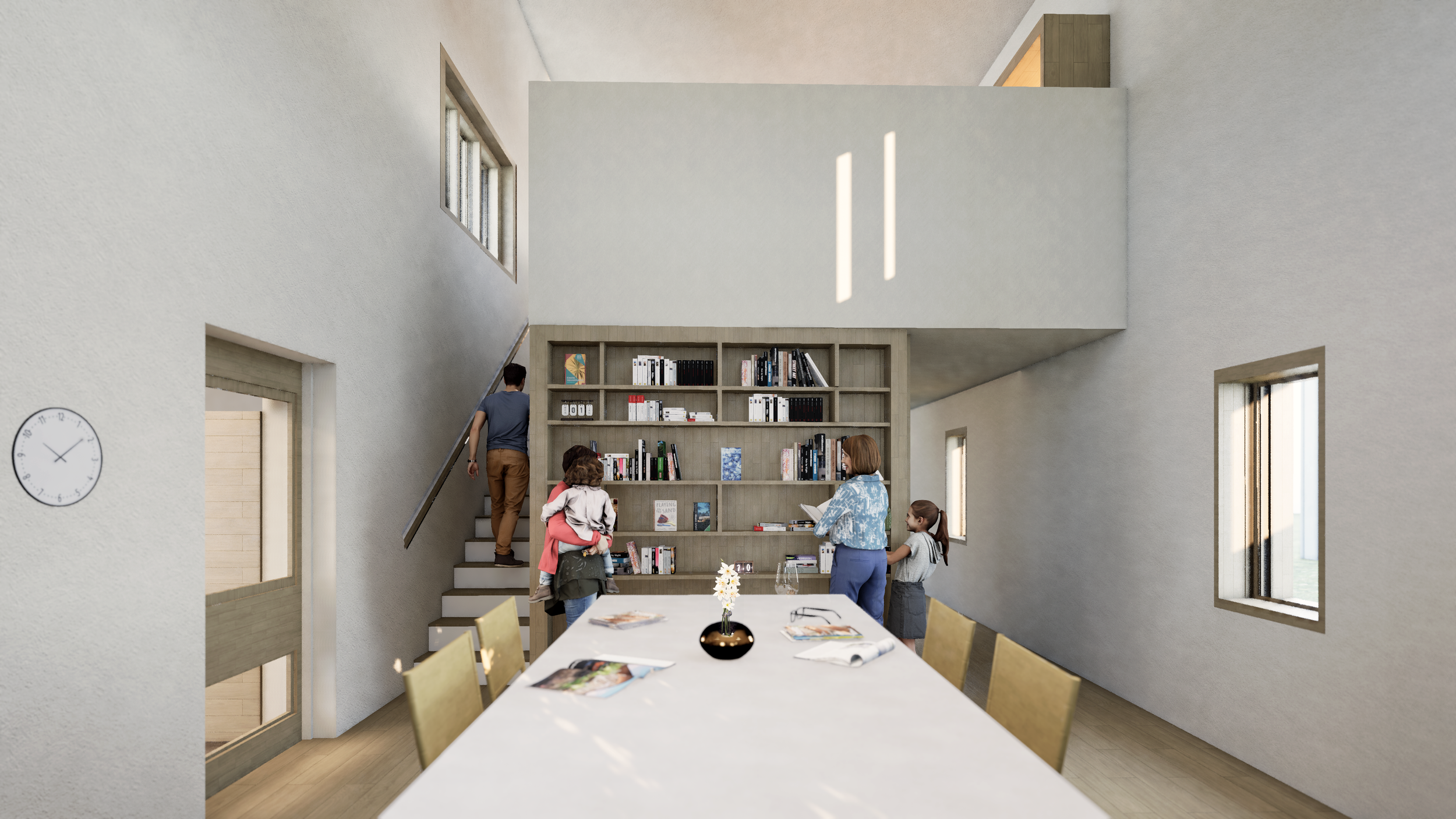 Modern dining room with a white table, yellow chairs, a bookshelf, and people, including children and an adult, near the bookshelf and stairway.