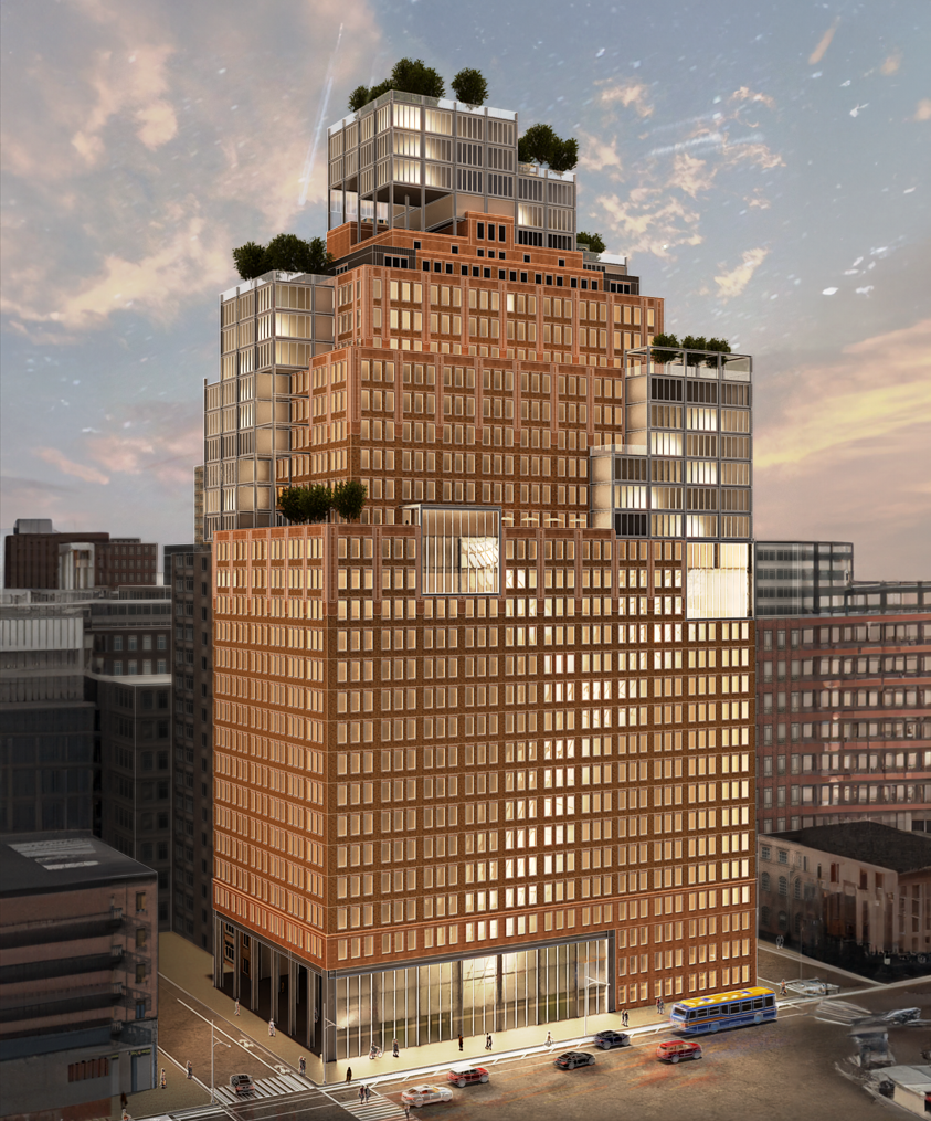 A modern, multi-story office building with a tiered design and glass windows, surrounded by cars and pedestrians, at sunset.