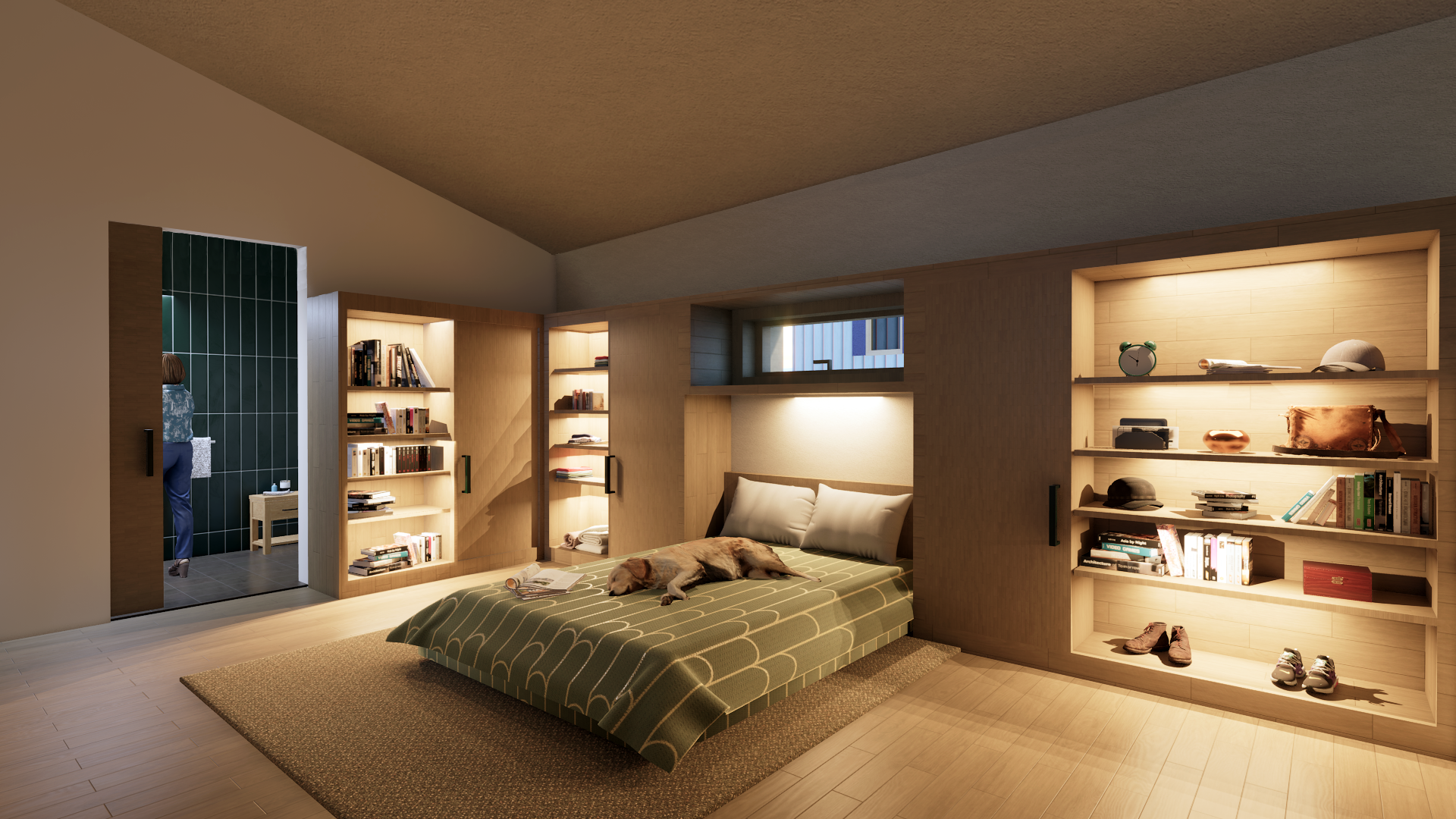 A cozy bedroom with a low bed, bookshelf, and built-in storage, with a person in the bathroom nearby.