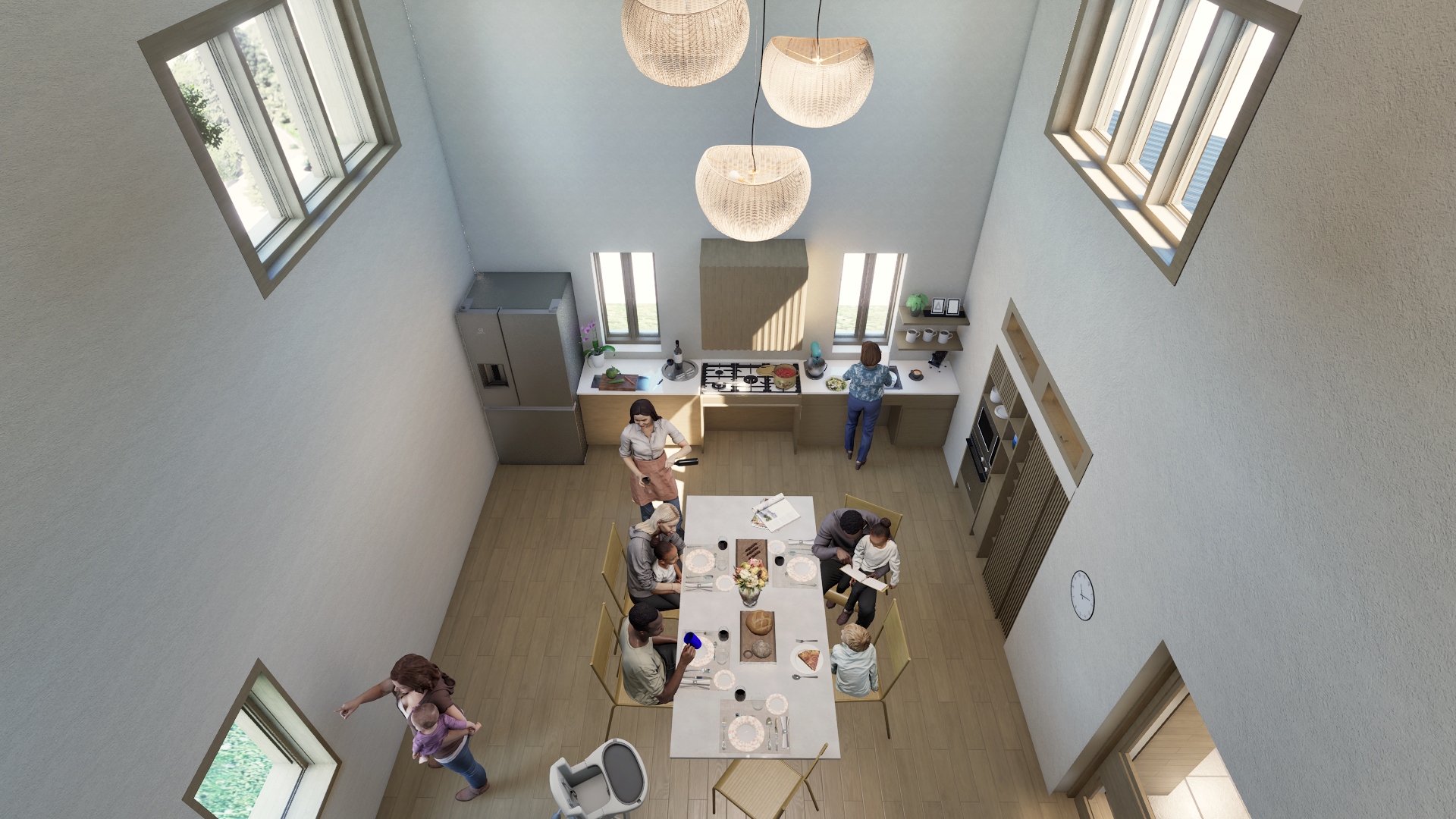 Top-down view of a modern kitchen and dining area with six people, including a woman cooking, children at the table, and a woman at the sink, with large windows, a hanging light fixture, and a clock on the wall.