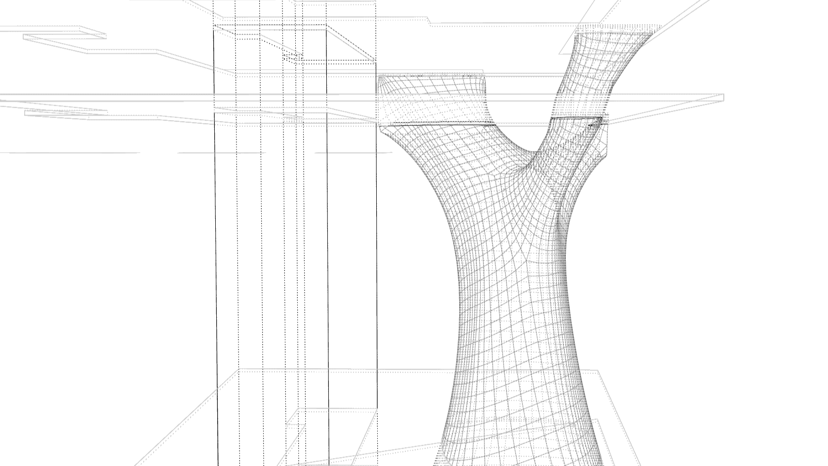 A 3D wireframe model of a twisted, hollow column in the center with various platform outlines floating above and below it on a black background.
