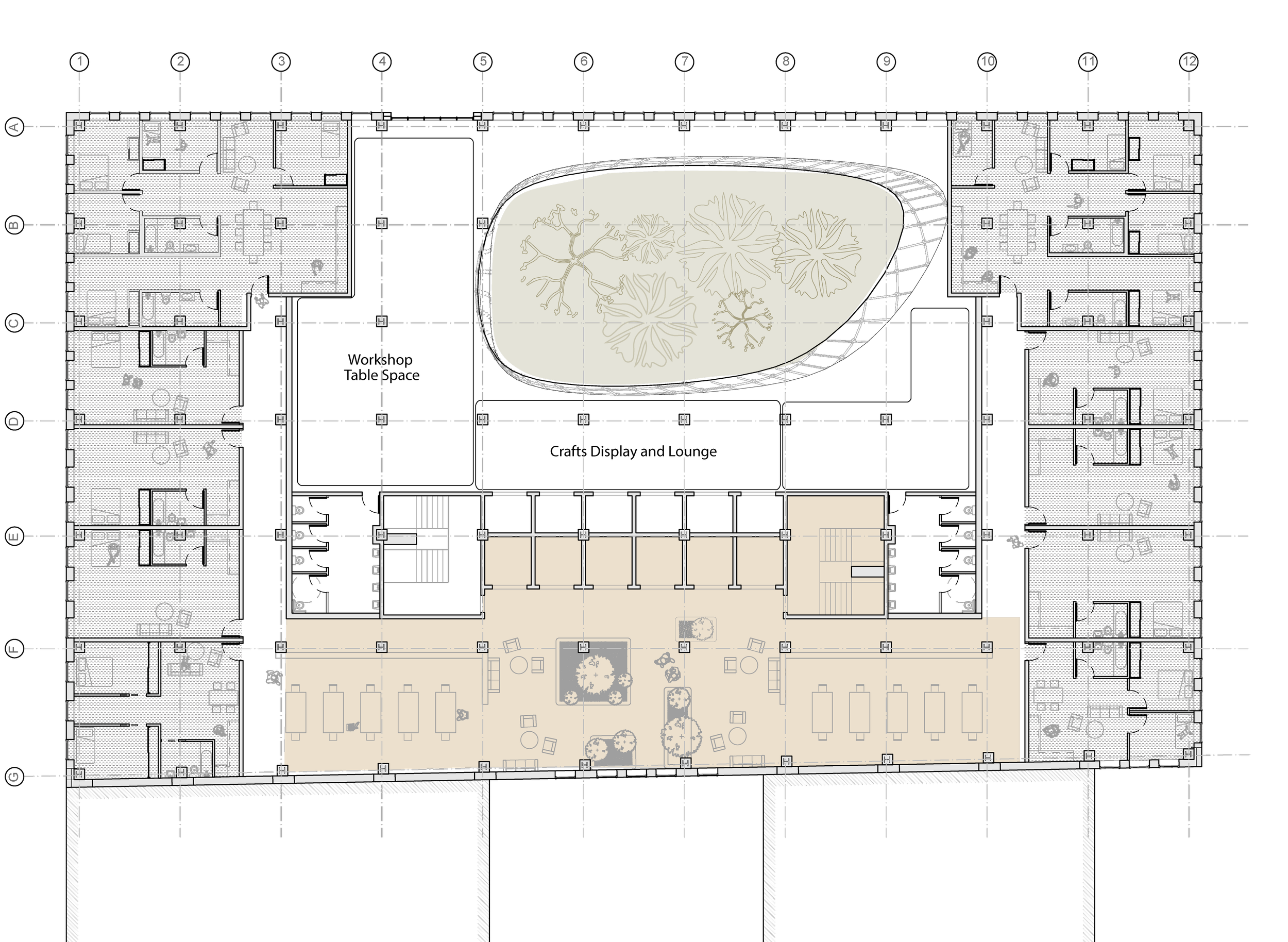 Architectural floor plan of a building with a central courtyard featuring trees, surrounding rooms including offices and meeting areas, and a large open meeting space with tables and chairs.