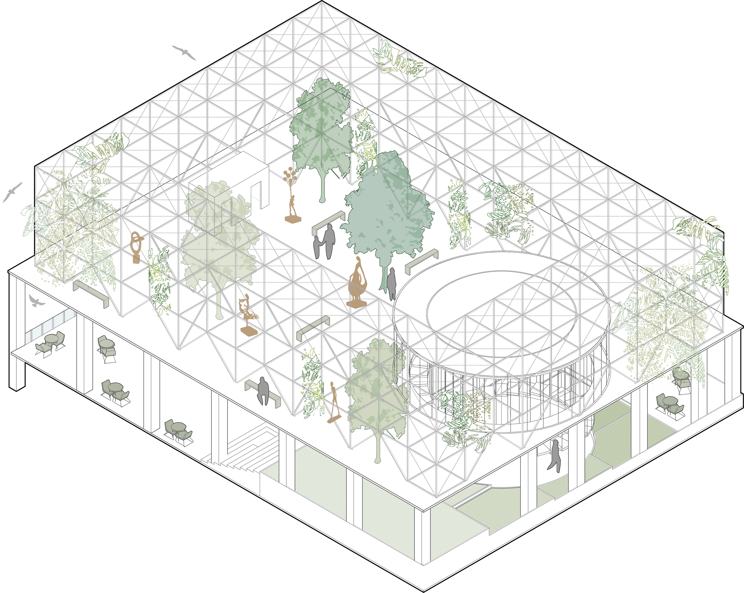 Isometric architectural drawing of a modern indoor greenhouse with trees, plants, sculptures, and seating areas, surrounded by a glass structure and an outdoor patio.