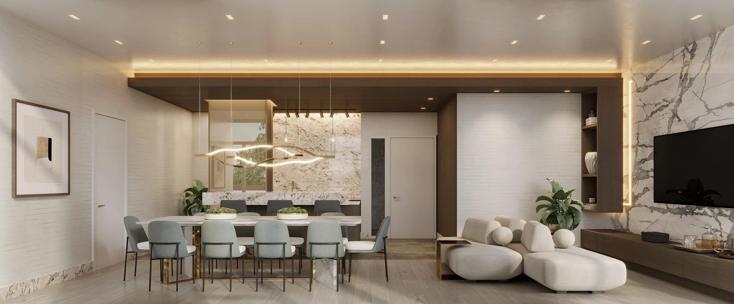 Modern, open-concept living and dining room with white and beige tones, marble accents, minimalist furniture, and decorative plants.