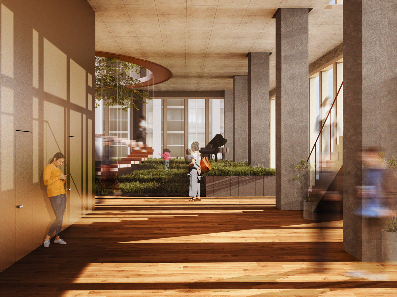 Interior of a modern building with large glass windows, wooden floor, concrete pillars, and a green indoor garden with children playing and a woman standing with her luggage near a grand piano.