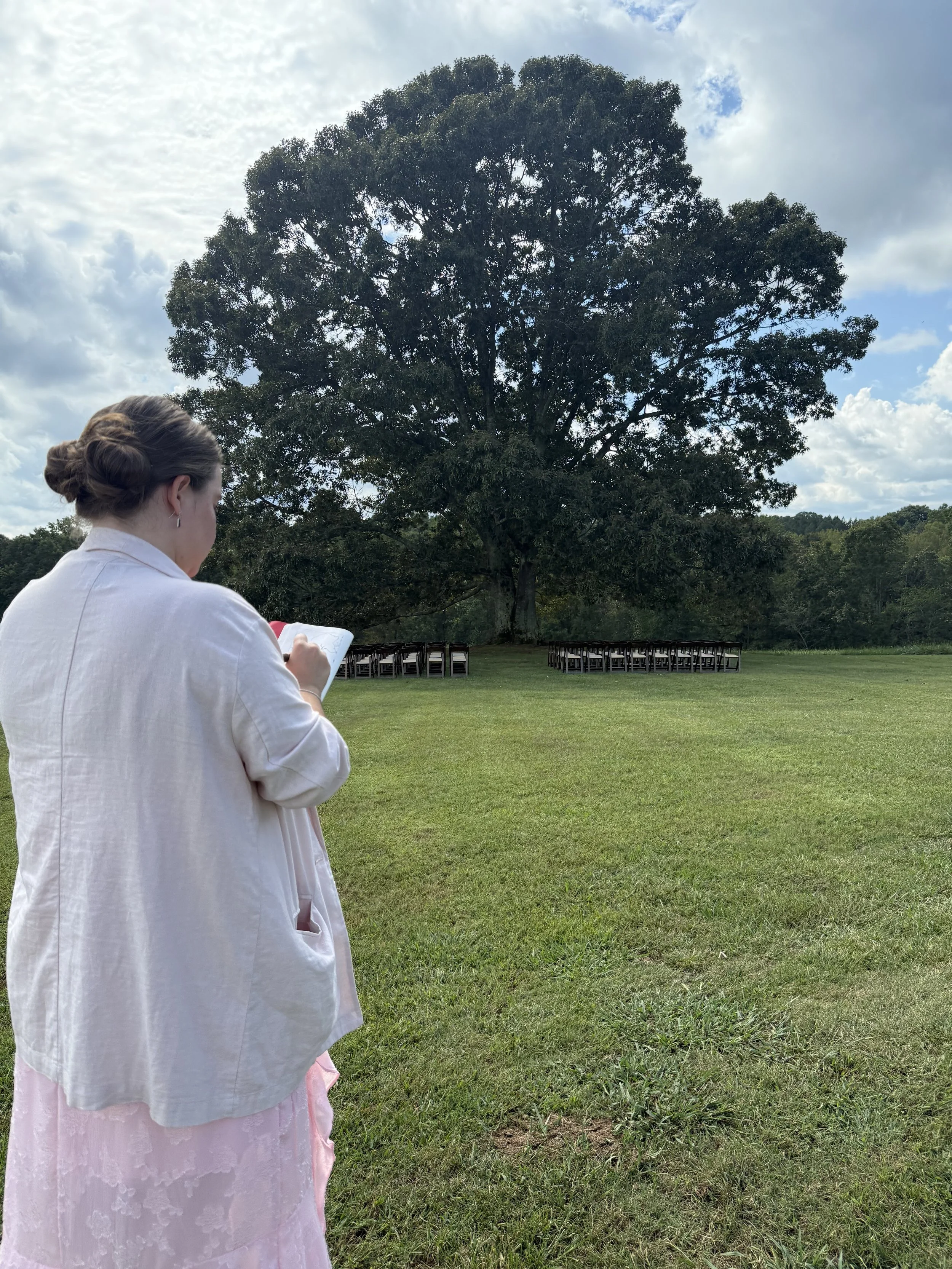 The ceremony site was short drive onto the back of the venue property, so I started out making sketches up at the ceremony space, which I then took back to my painting set up in the reception area