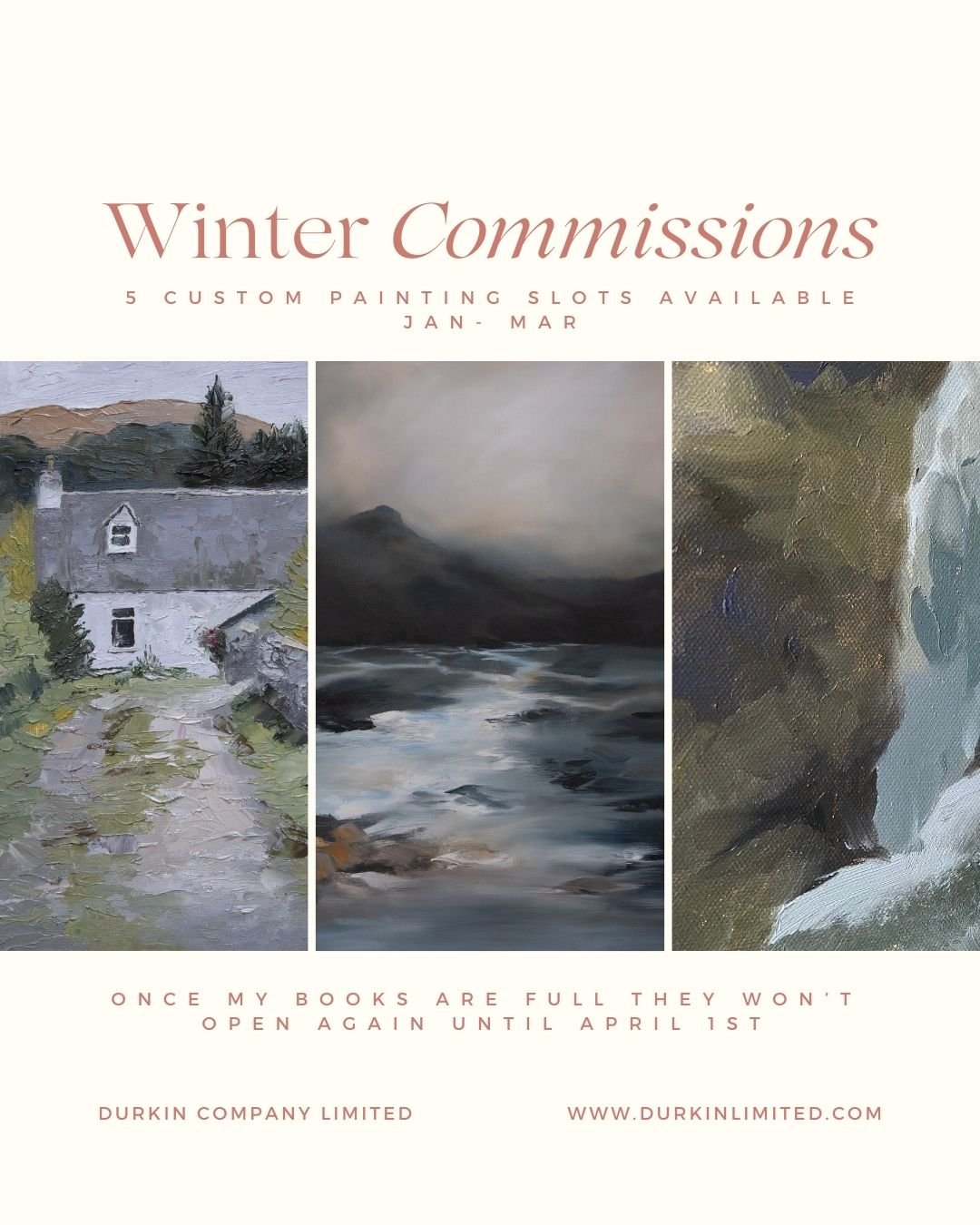 This winter I have lots of fun events in store as well as a new art collection I will be painting from our recent trip to Scotland, so I will only be offering 5 spots for commission paintings through the end of March. 

If you would like to snag one 