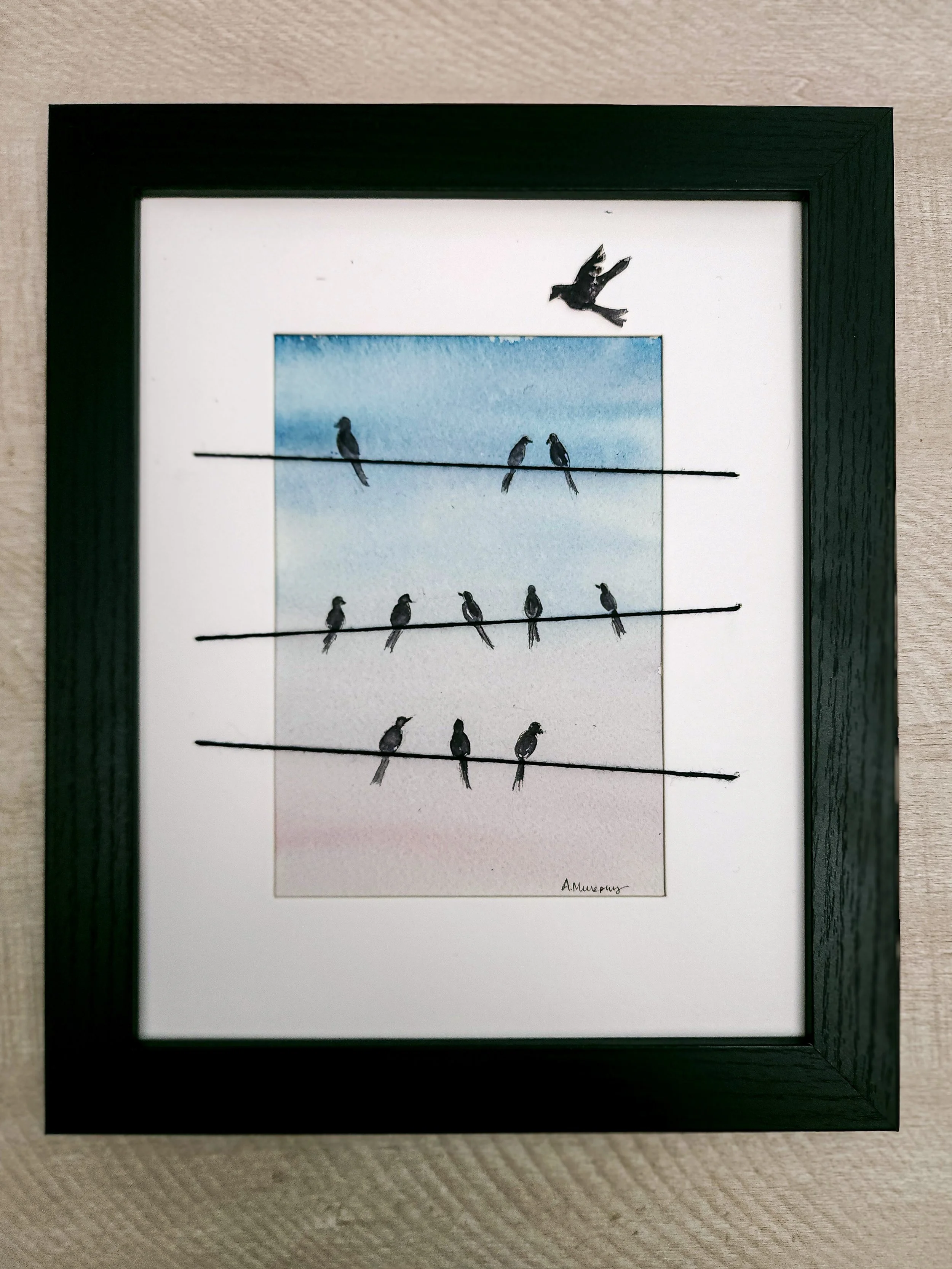 Birds on a Wire, Dusk, 5x7 art, matted in 8x10 frame, $95