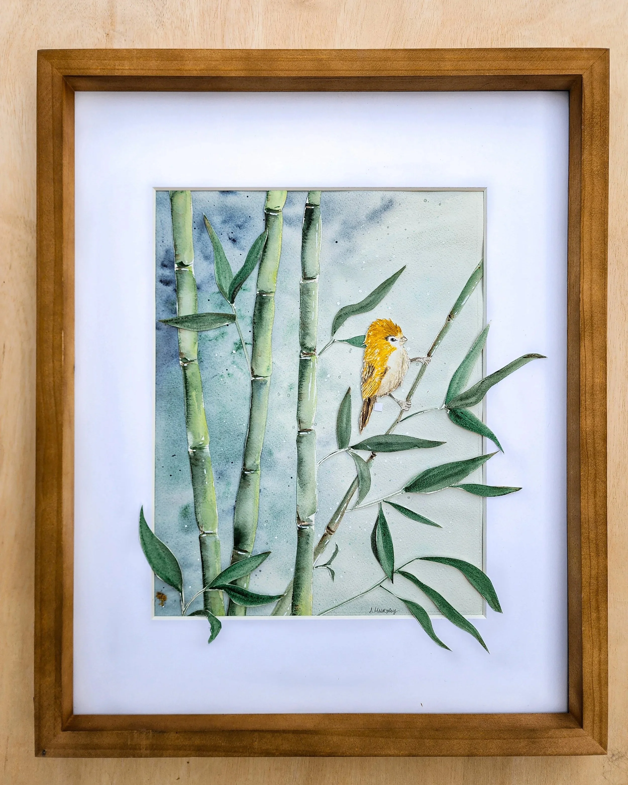 Bird on Bamboo, 11x14 art, matted in 16x20 frame, $270