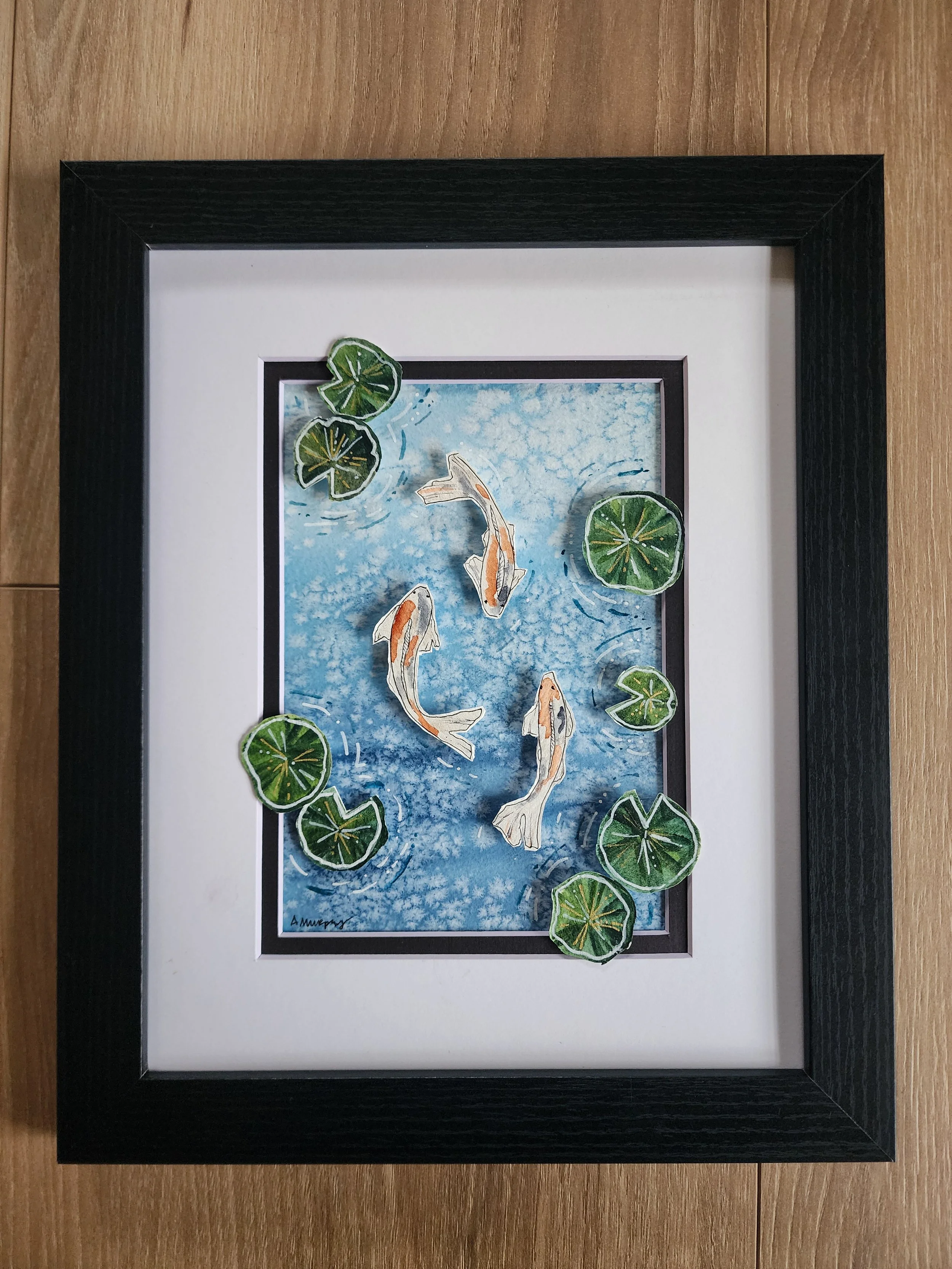 Small Koi Trio, 5x7 art, matted in 8x10 frame, $95