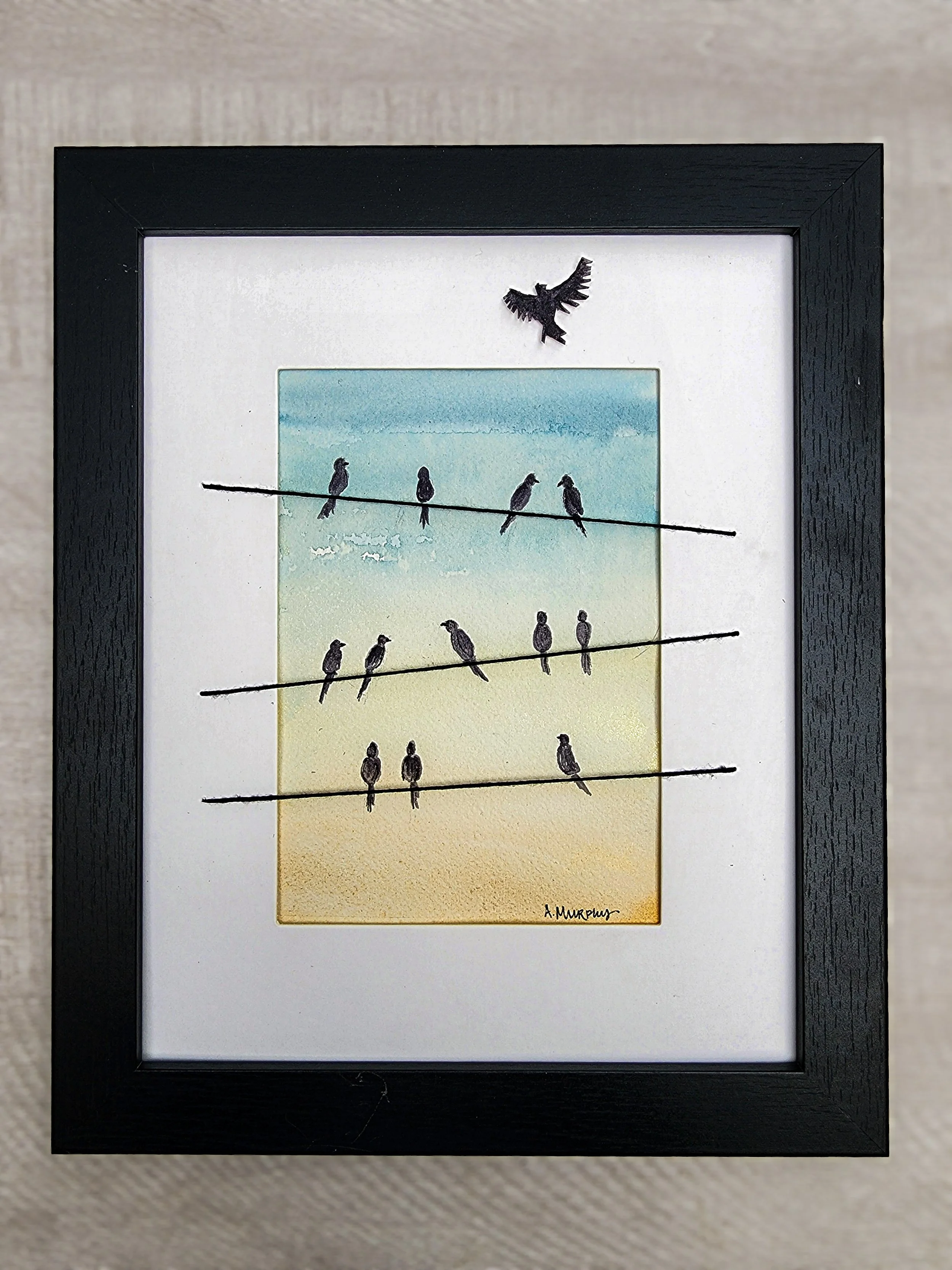 Birds on a Wire-Dawn, 5x7 art, matted in 8x10 frame, $95