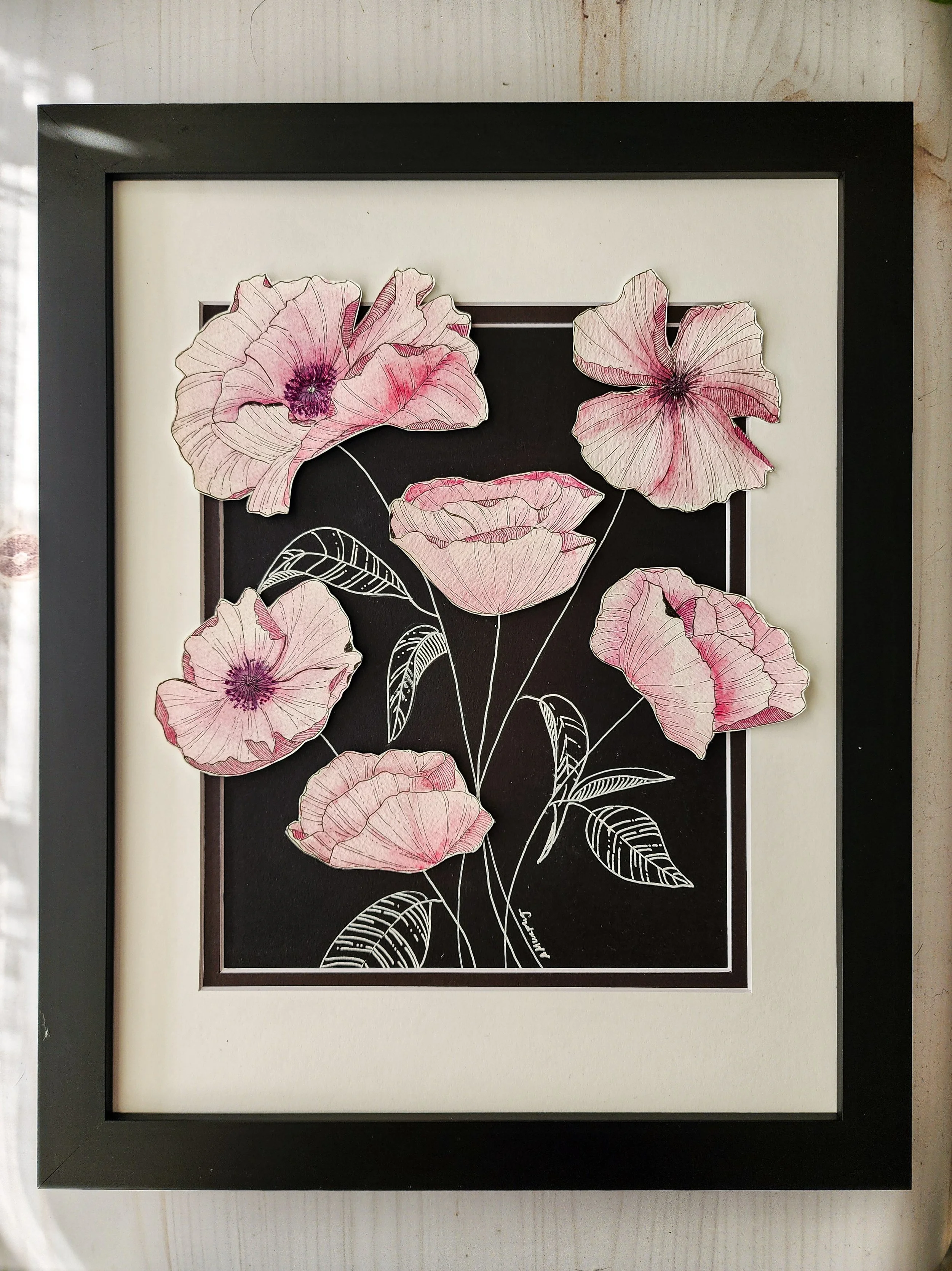 Pink Poppies, 8x10 art, matted in 11x14 frame, $160