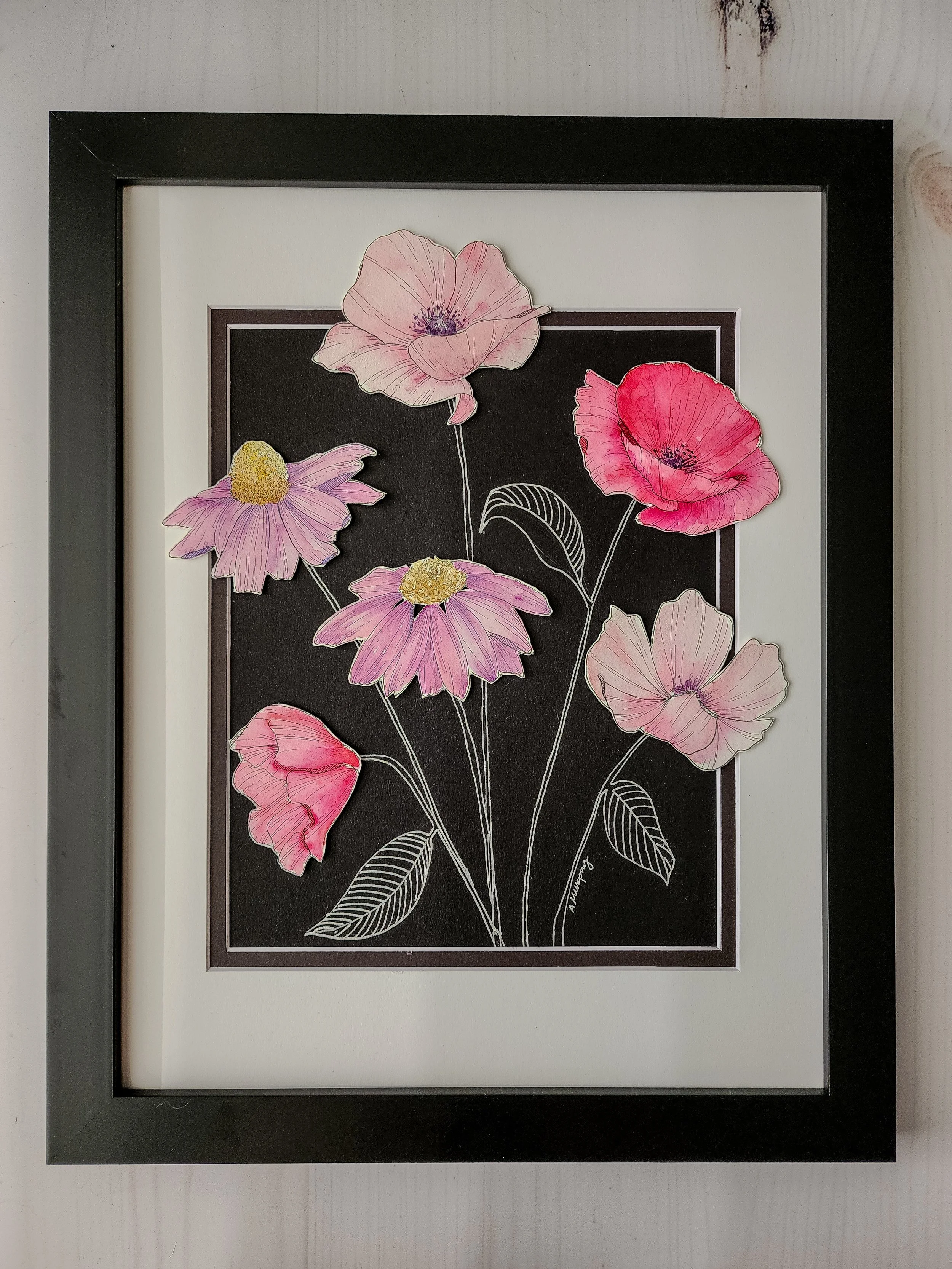 Poppies bouquet, 8x10 art, matted in 11x14 frame, $160