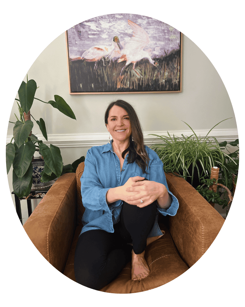 Melissa Rolfes, therapist, seated in a calm space offering online therapy in Virginia