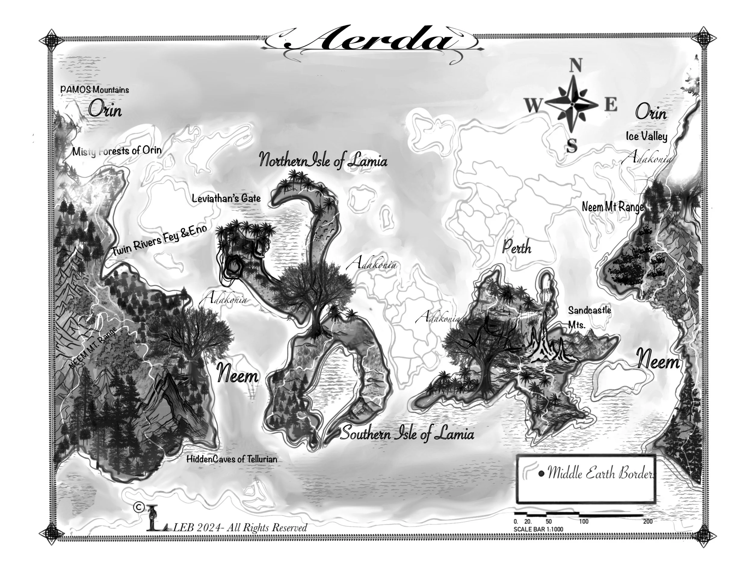A detailed map of the fictional land of Lamia, showing various regions, mountains, forests, and islands, with a compass rose indicating north.