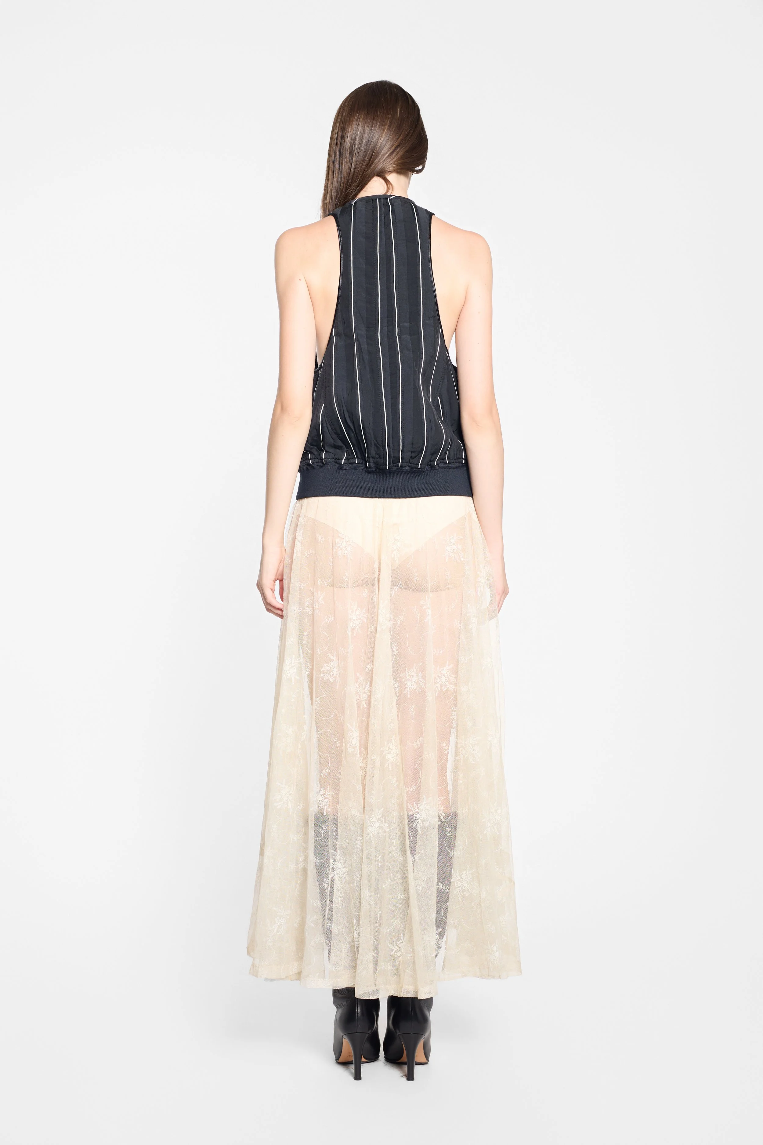 Haider Ackermann SS18 black pinstripe zip vest worn on model, back view