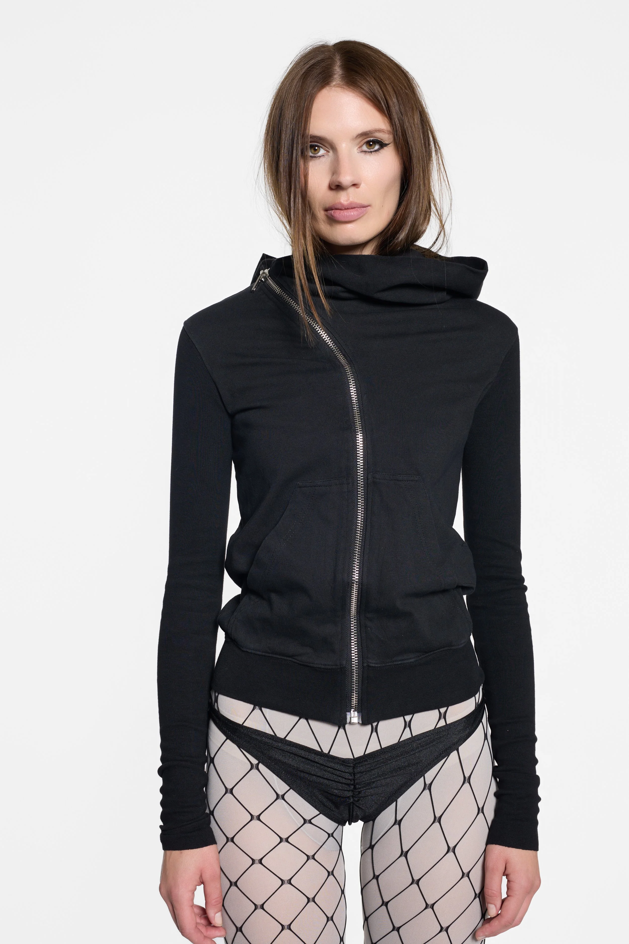 Close-up of asymmetric zip and angled pocket detailing on Rick Owens hoodie