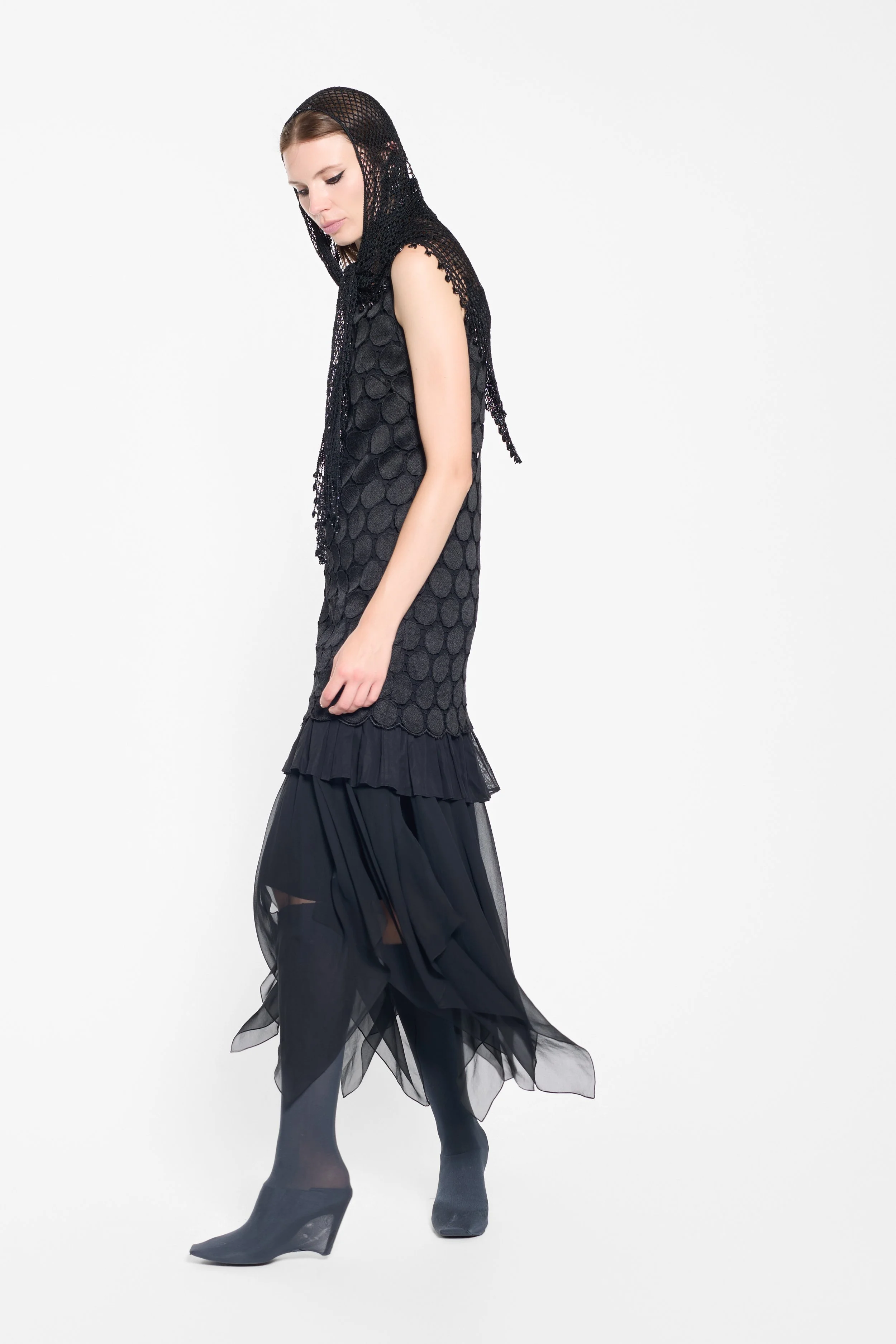 Vintage black silk slip dress with flowing handkerchief hem