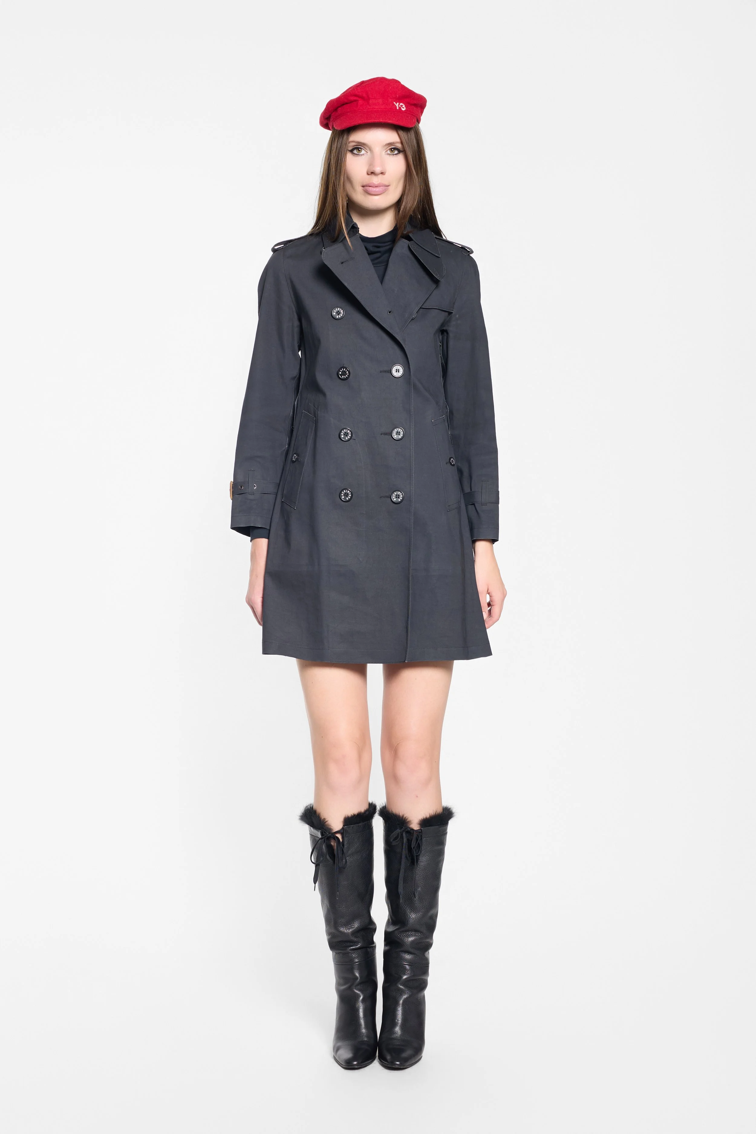 Front view of Mackintosh navy double-breasted trench coat