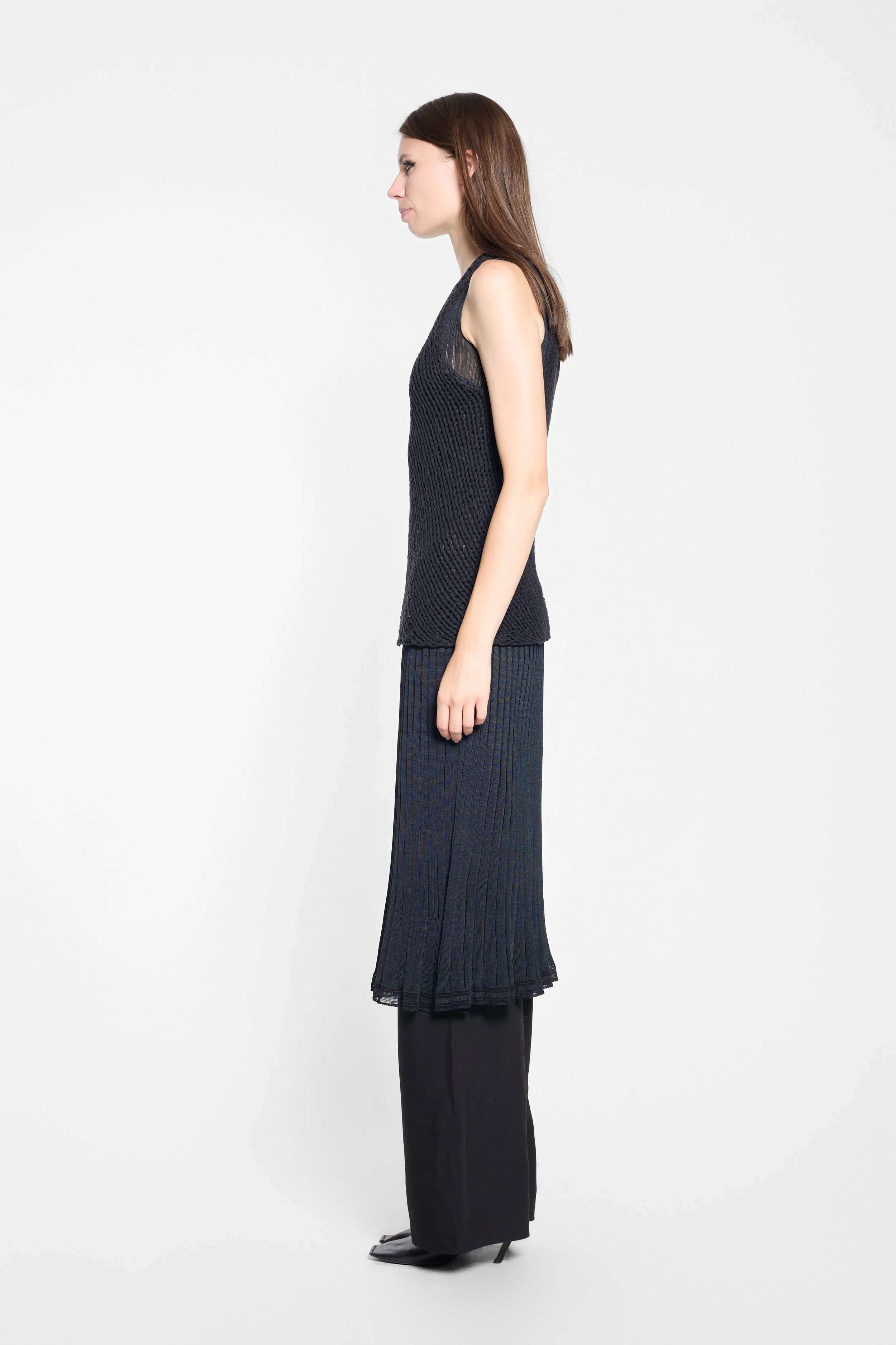 Side view of Vince black cotton knit vest