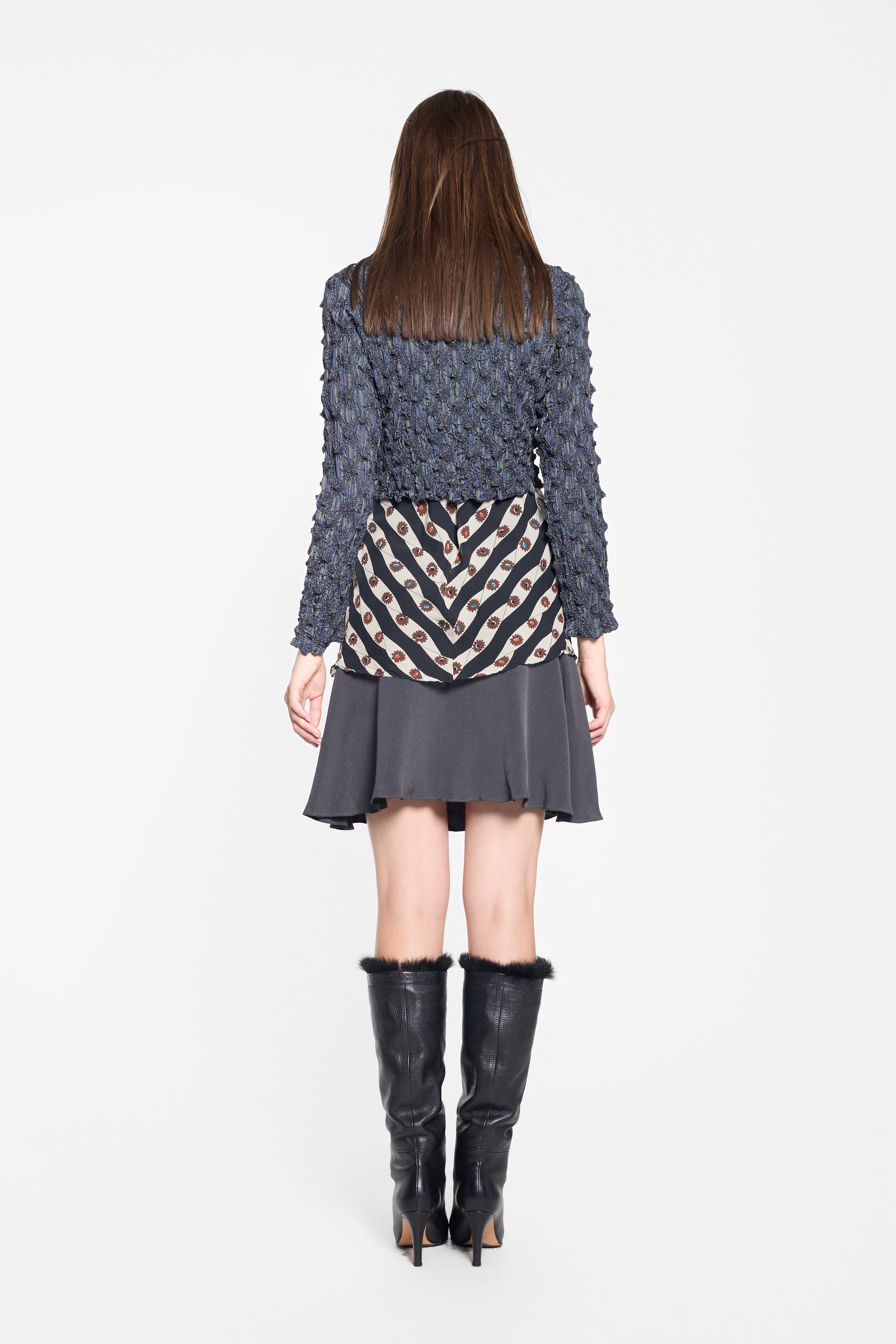 Back view of Kensho Abe textured striped jacket