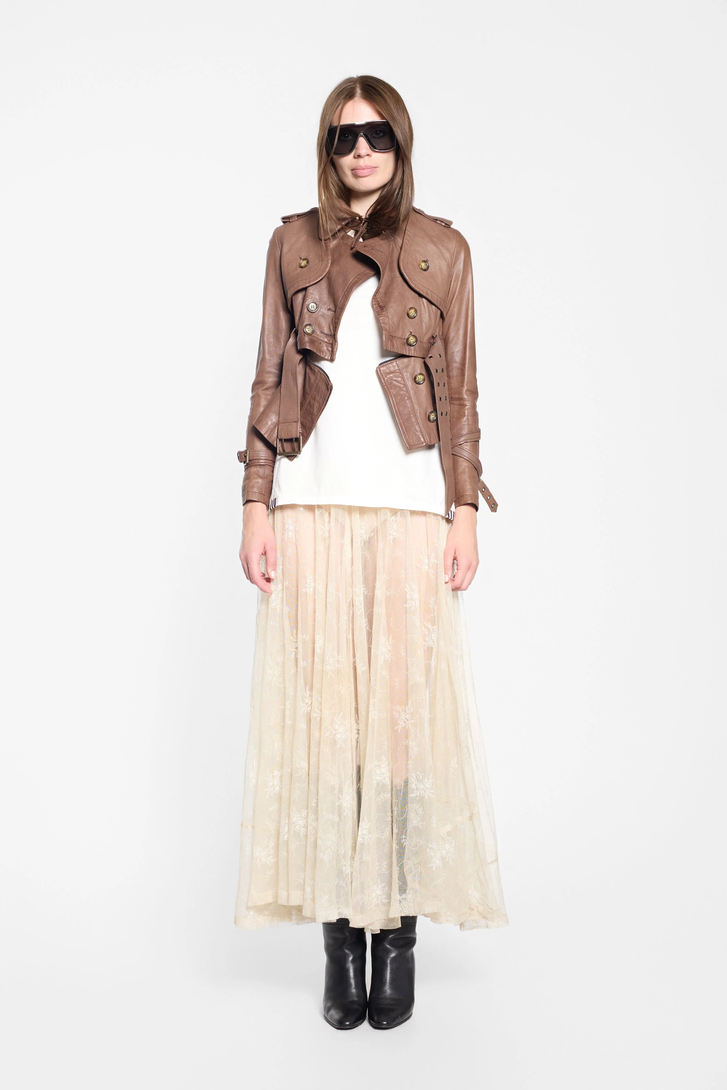 S.W.O.R.D 6.6.44 tan cropped leather jacket worn on model, front view