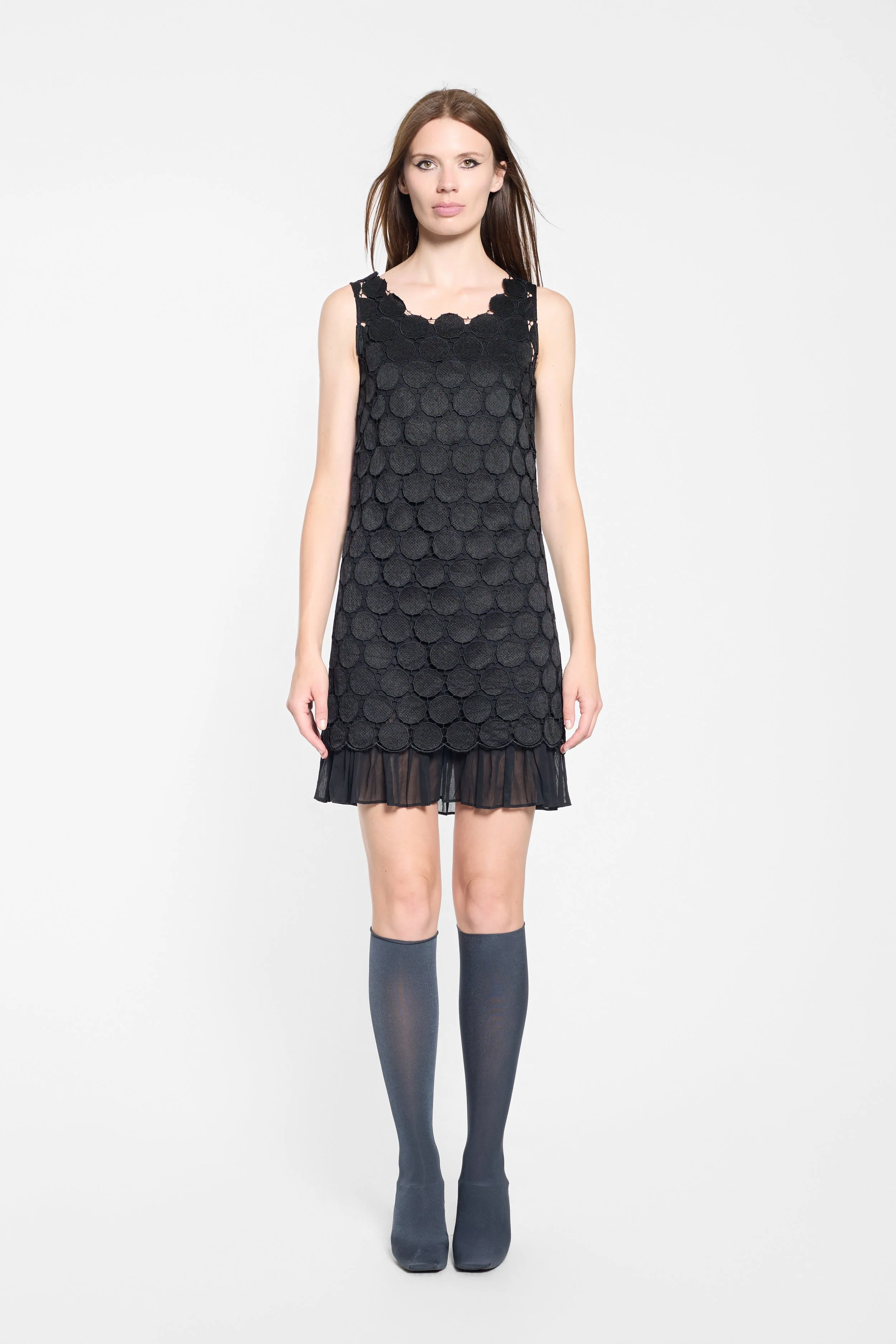 Front view of LUXXM disc appliqué shift dress