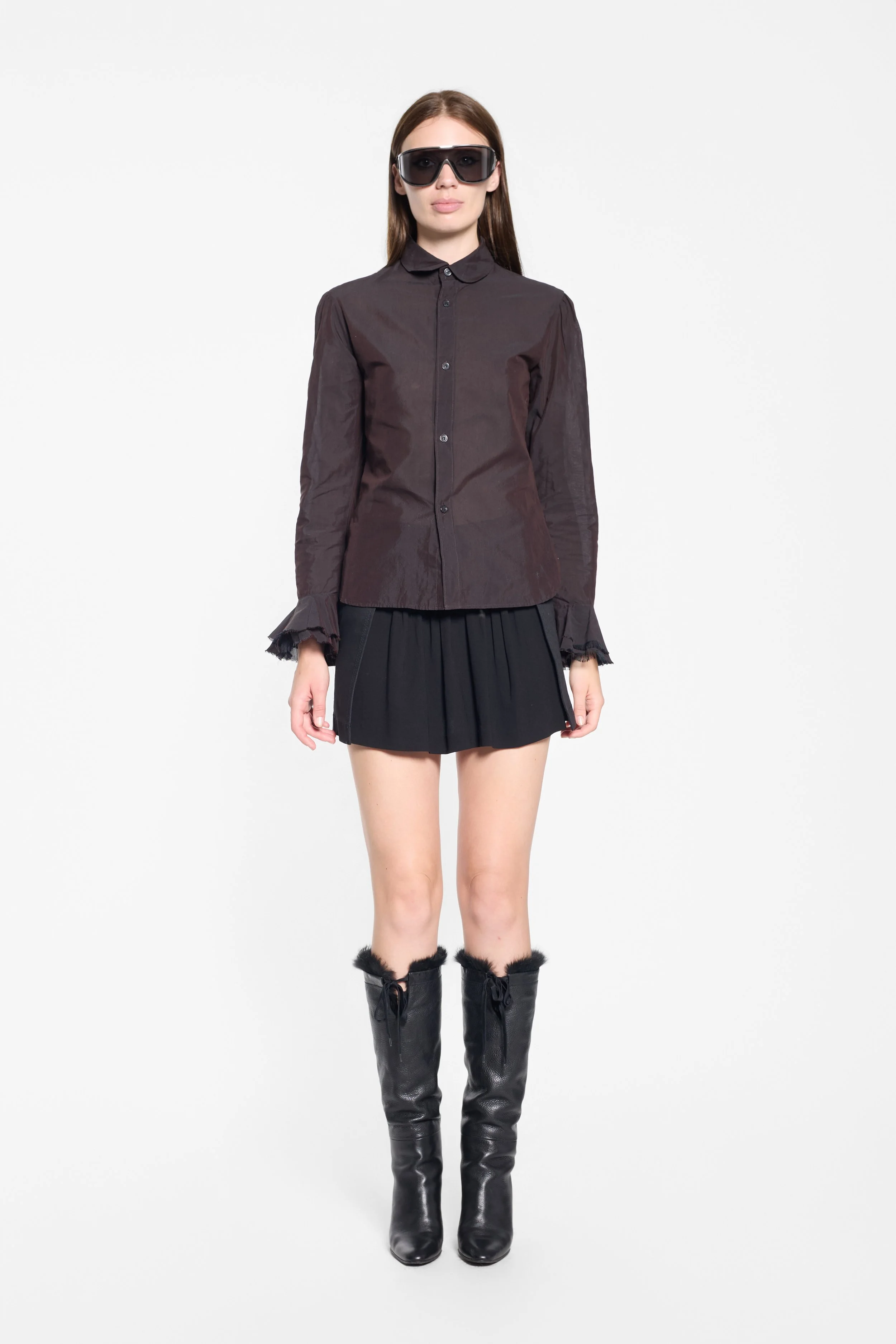 Front view of Y’s brown button-through shirt