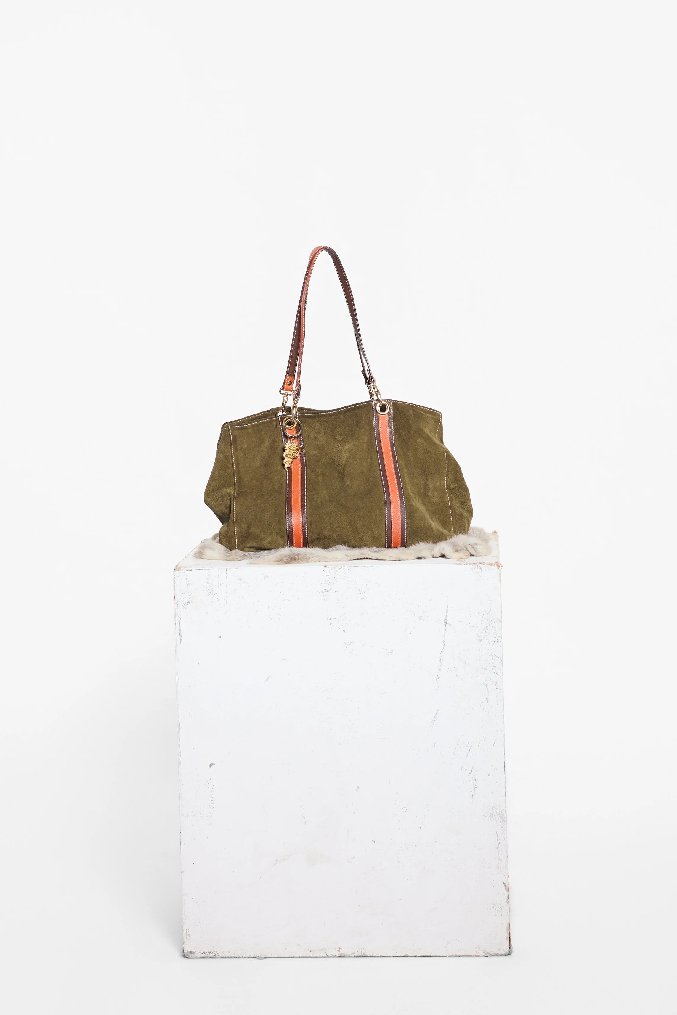Francesca Visconti khaki suede bag with orange leather strap detailing