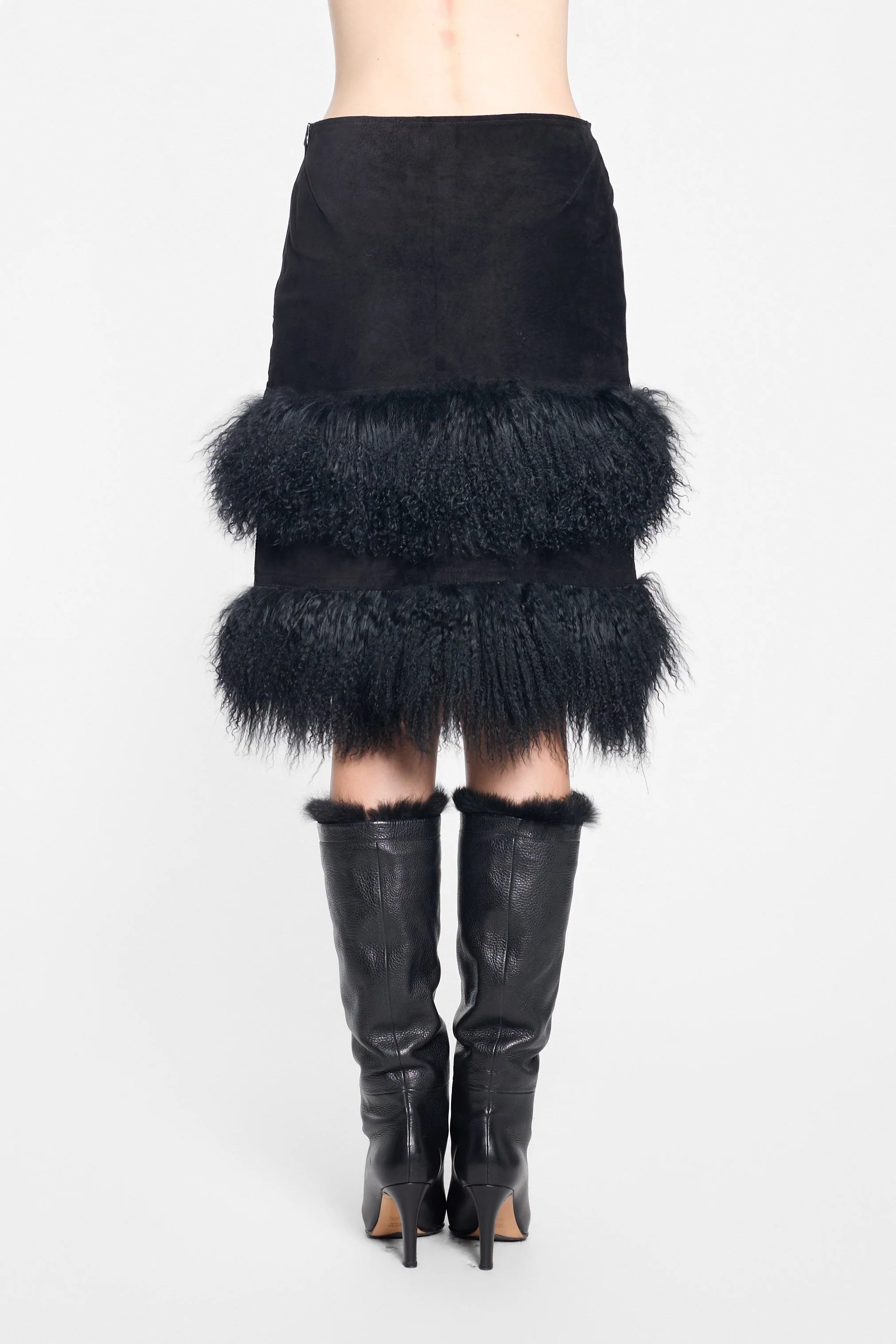 Back view of vintage Tibetan lamb fur midi skirt
