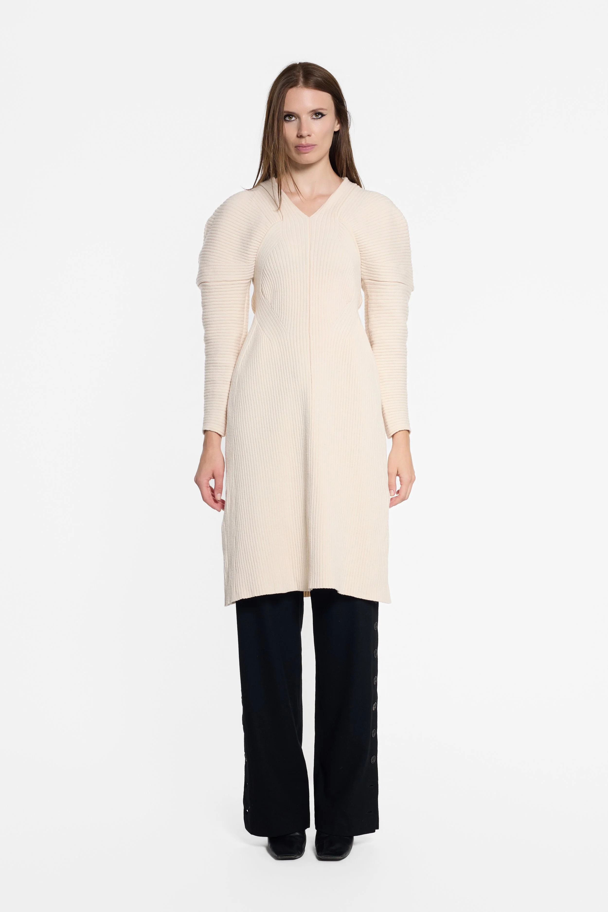 Front view of IRENE ribbed knit dress with V-neckline