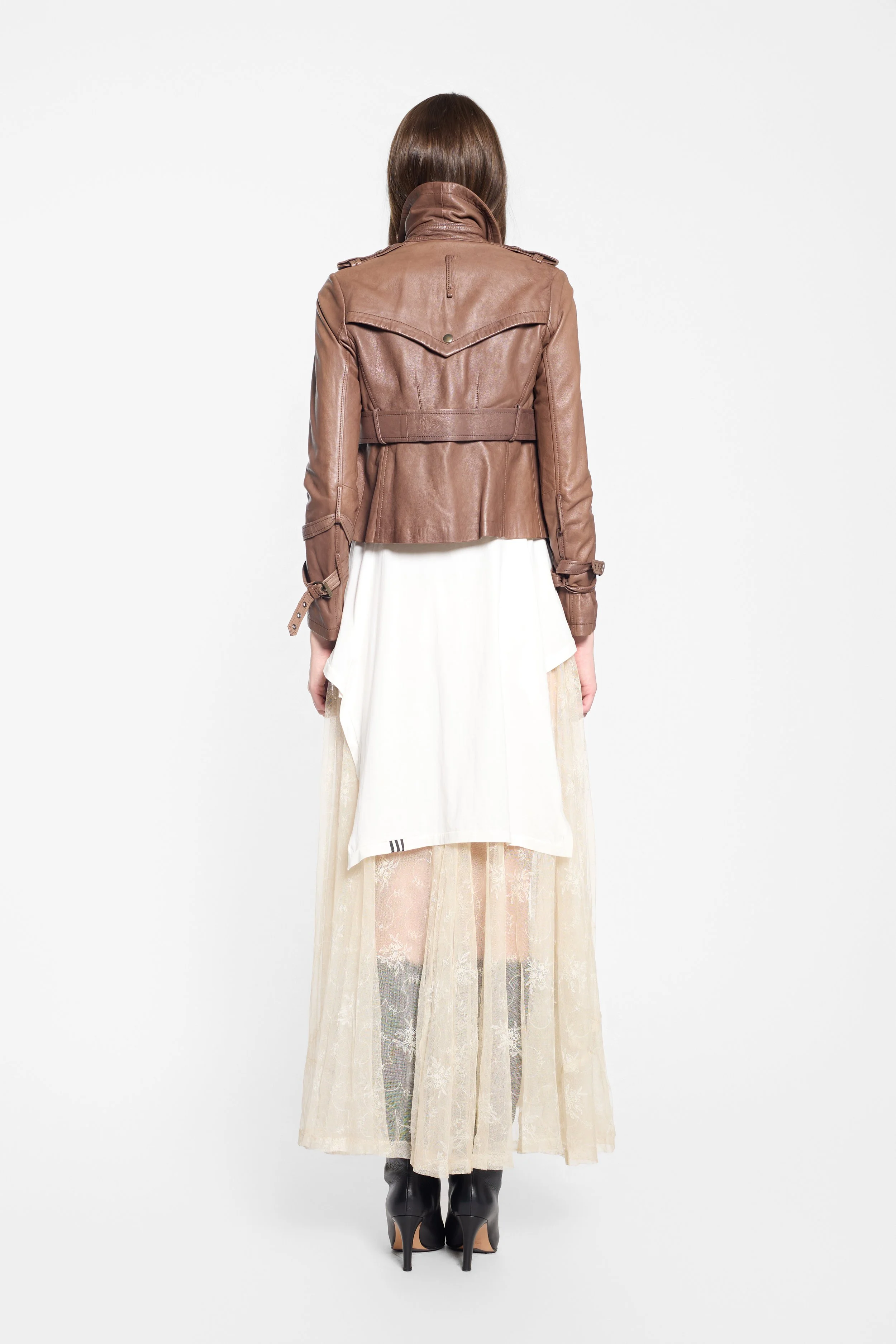 S.W.O.R.D 6.6.44 tan cropped leather jacket worn on model, back view