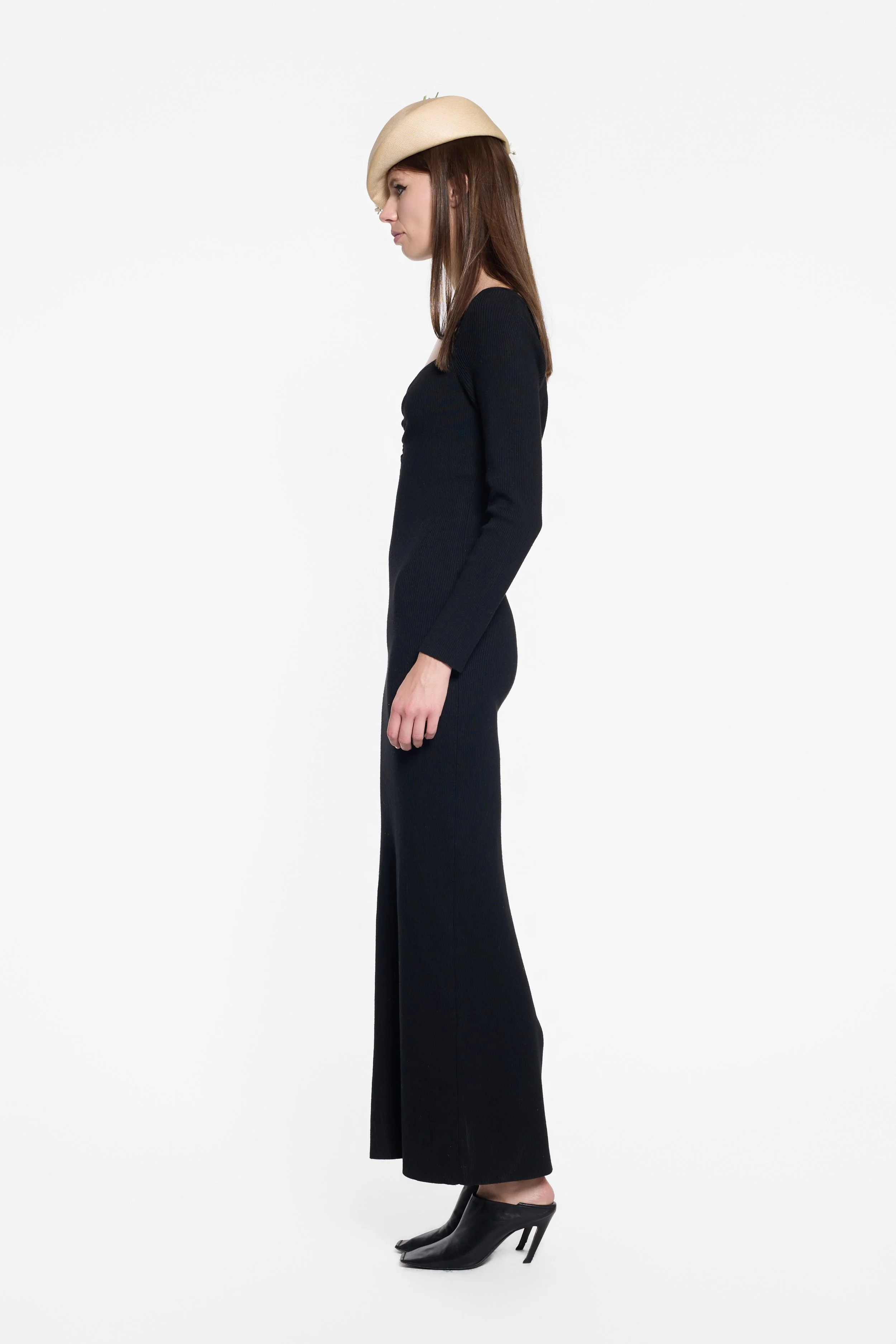 Side view of Victor Glemaud ribbed maxi dress with gathered bust