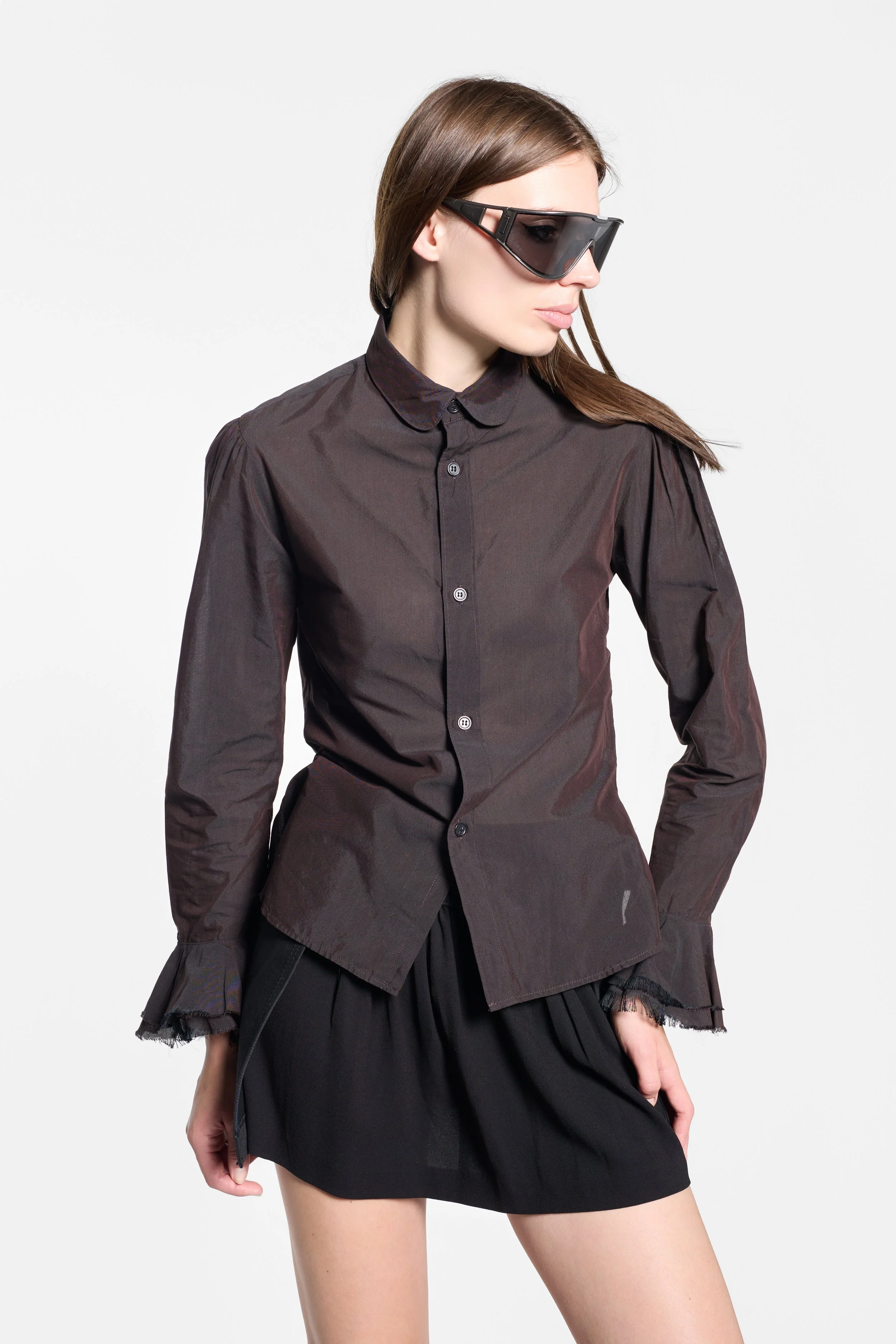 Model wearing Y’s Yohji Yamamoto brown scallop collar shirt