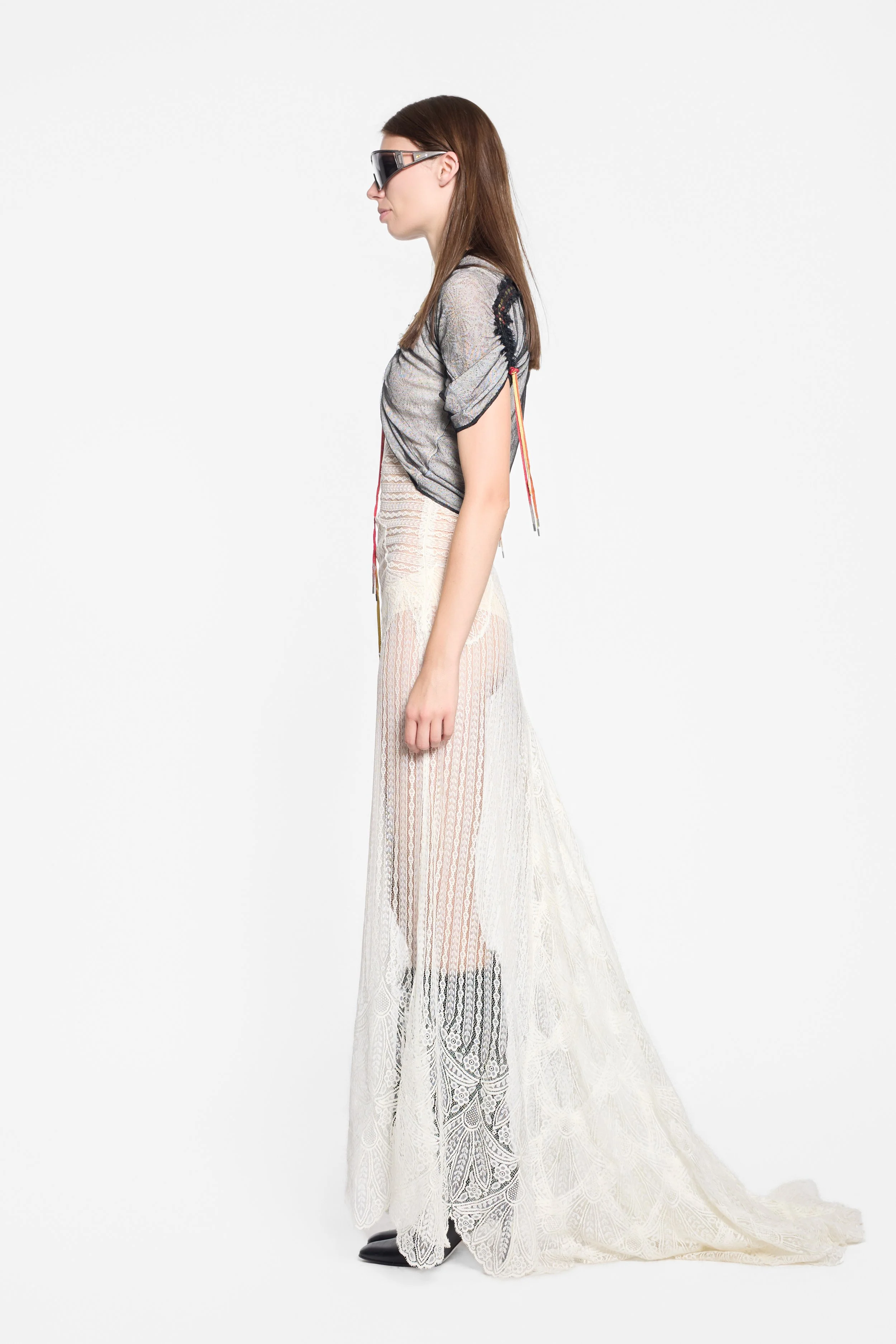 Side view of Christian Dior ruched semi-sheer mesh top
