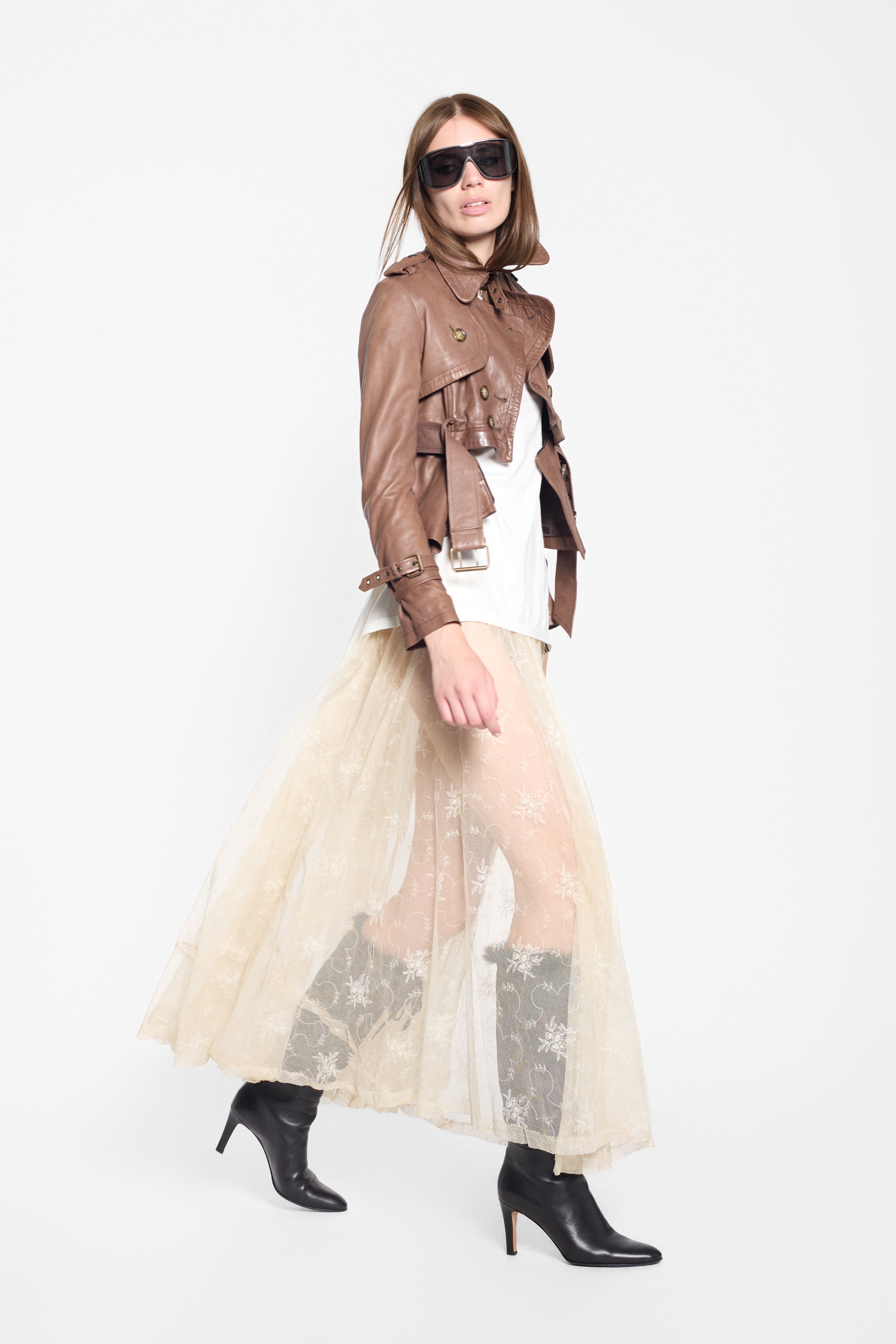S.W.O.R.D 6.6.44 tan leather jacket styled on model, full-length editorial image